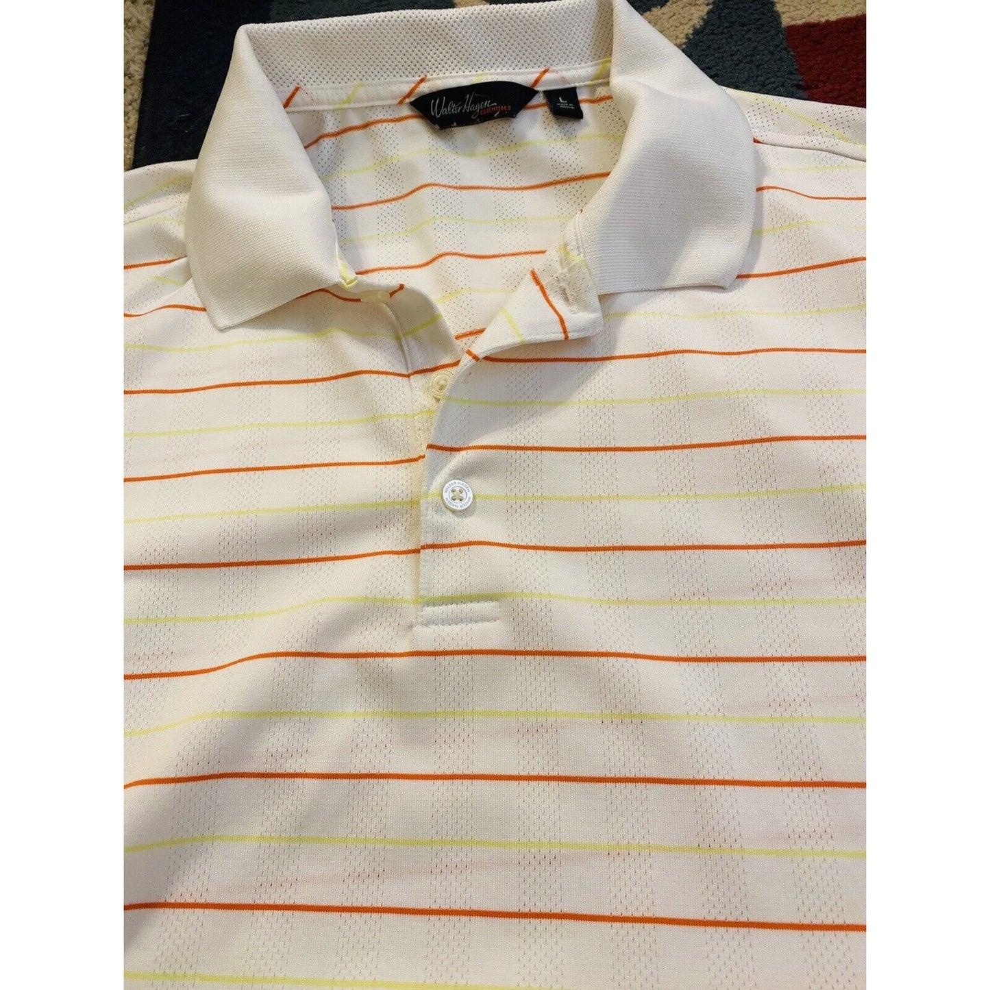 Walter Hagen Men’s Large Hydro Dri White With Red /Yellow Stripes Polo Shirt