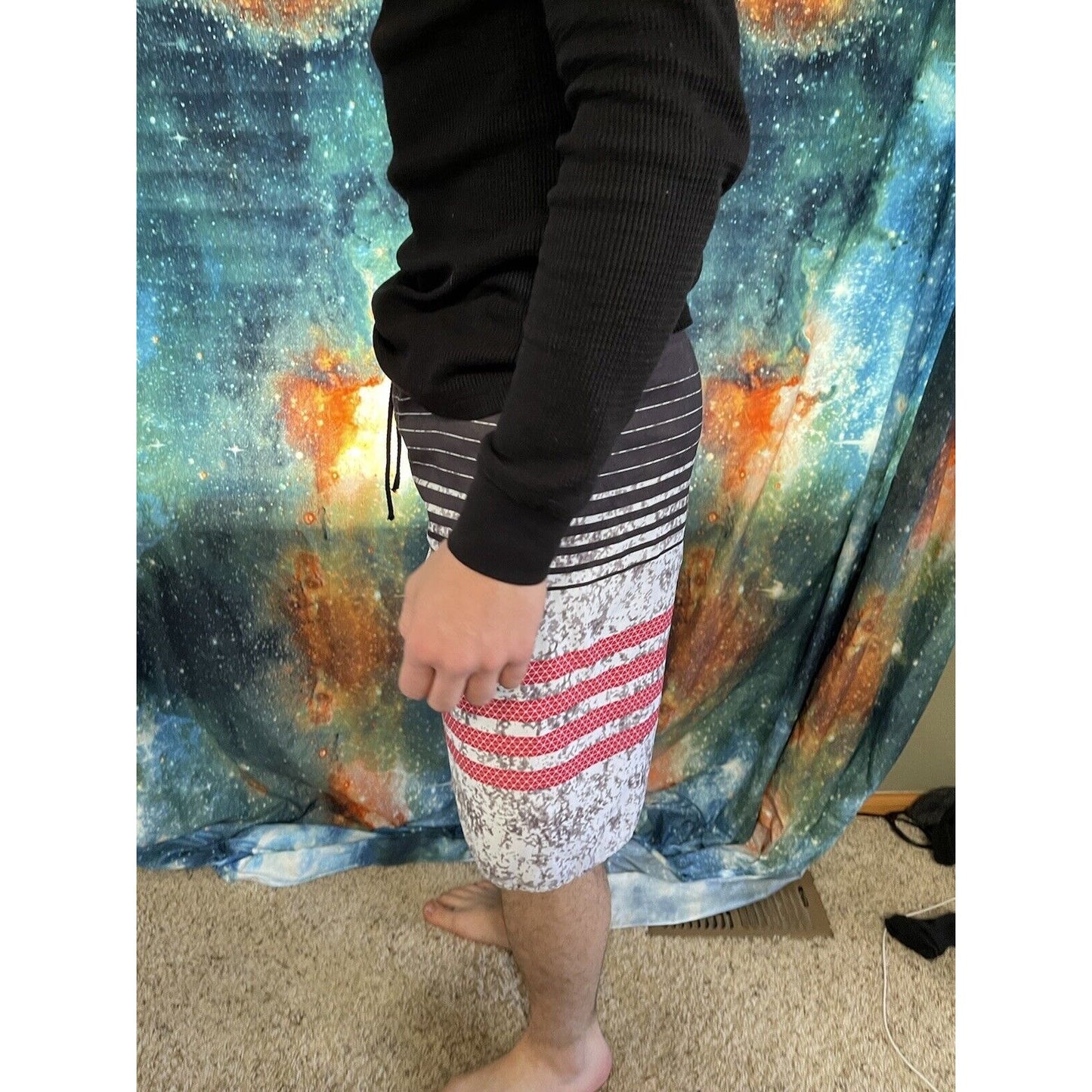 NONWE Mens Board Shorts Sz 30 Black Red Stripes Swim trunks