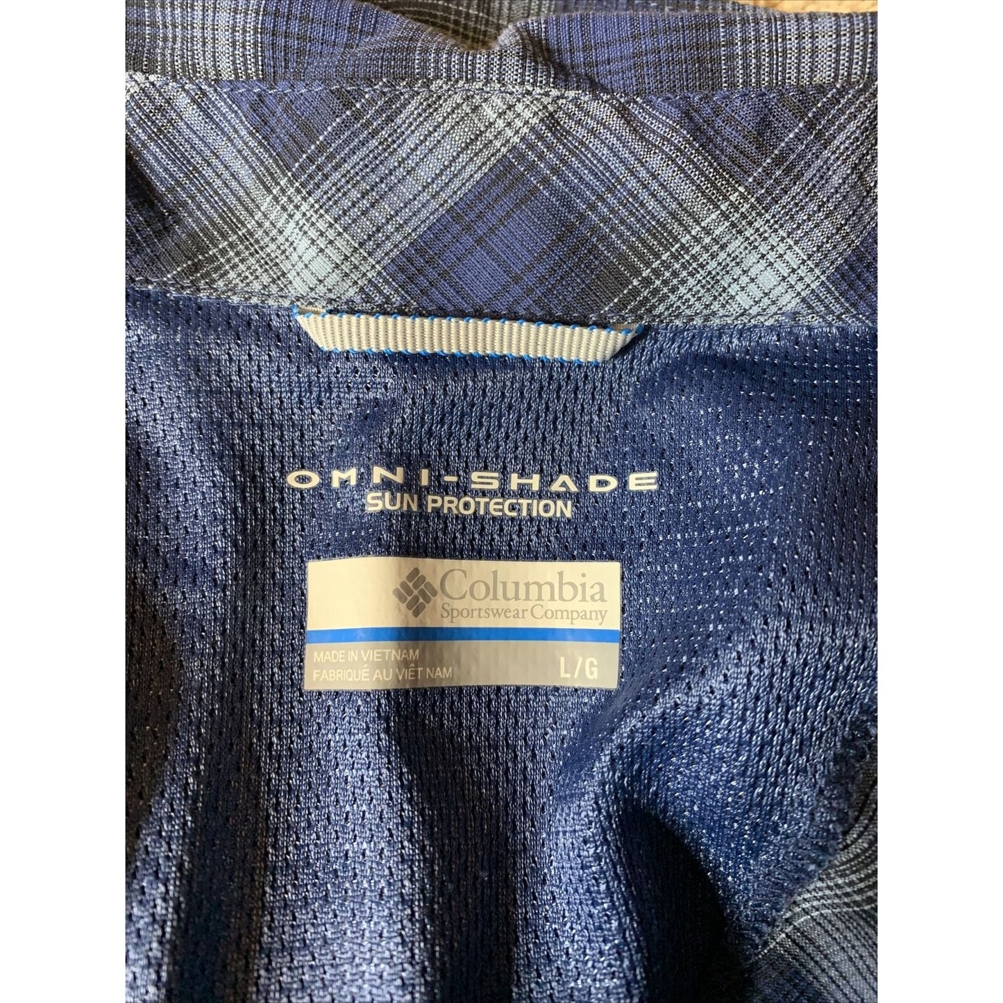 Columbia Omni Shade Blue Plaid Outdoor Fishing Hunting Long Sleeve Shirt Men's L