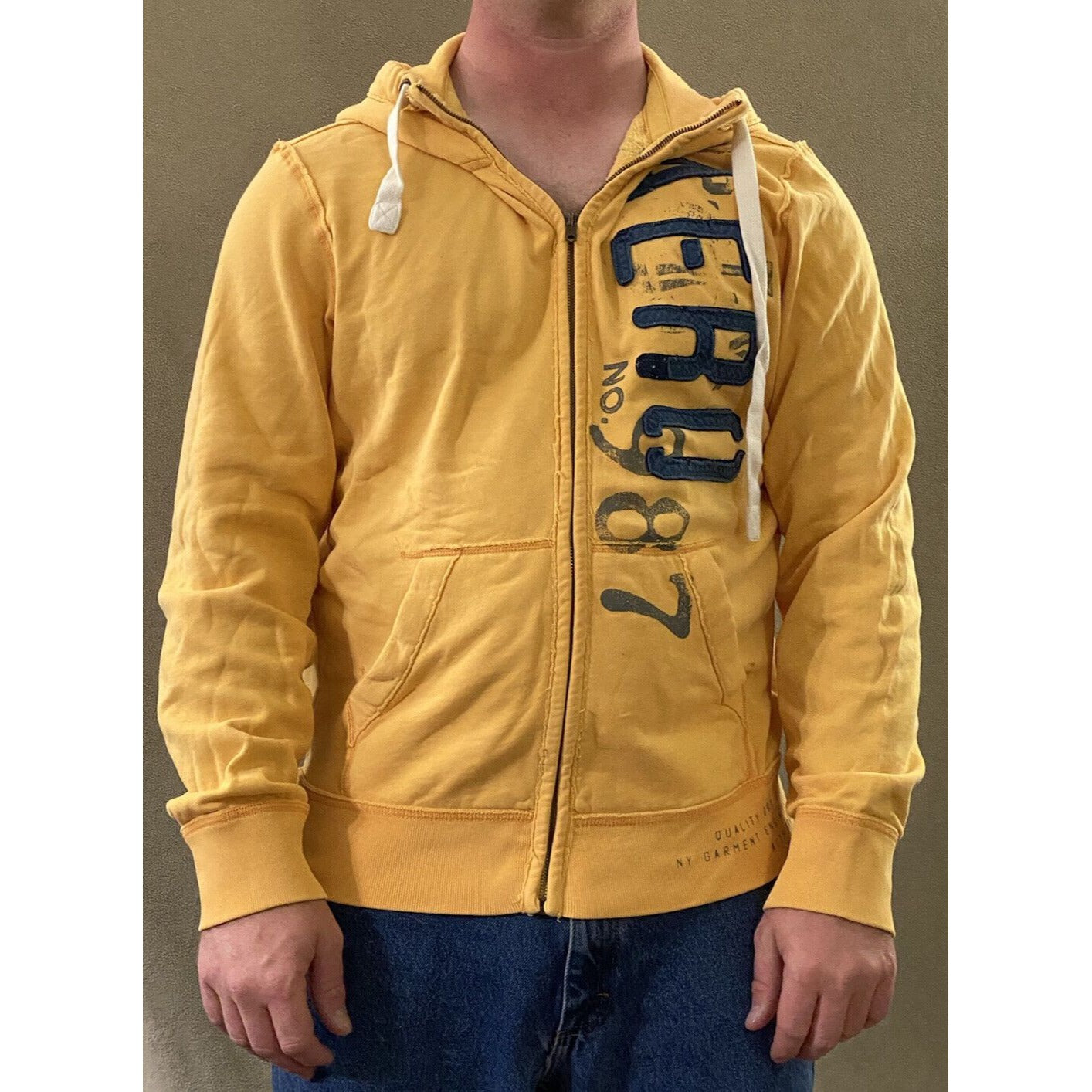 Authentic Aeropostale Men’s Medium Yellow Blue Logo Full-zip Hoodie Sweatshirt