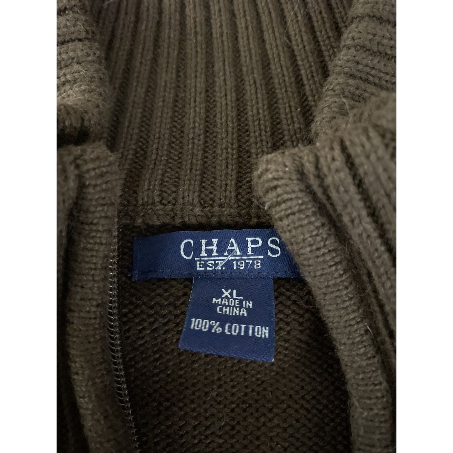 Chaps Men’s XL Chocolate Brown Full-zip Cotton Sweater w/ Black Leather Padding