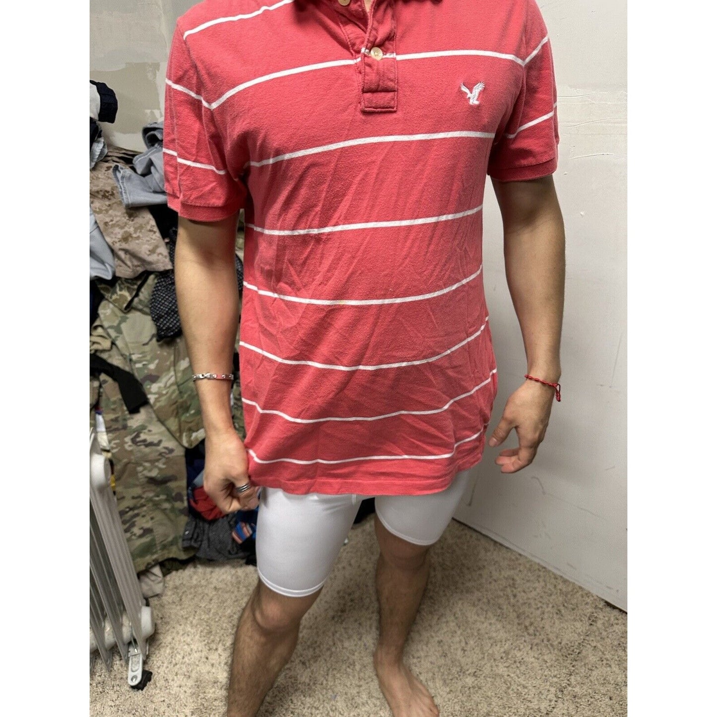 Men’s Vintage Fit American Eagle Polo Large Pink White Striped