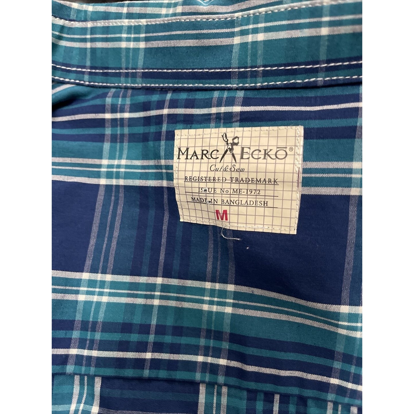Marc Ecko Cut & Sew Blue Green White Plaid Long Sleeve Button Down Shirt Medium