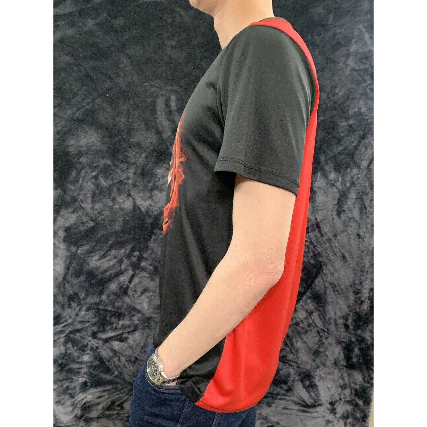 MARVEL Deadpool on Fire Black and Red Men’s Large Polyester T-Shirt