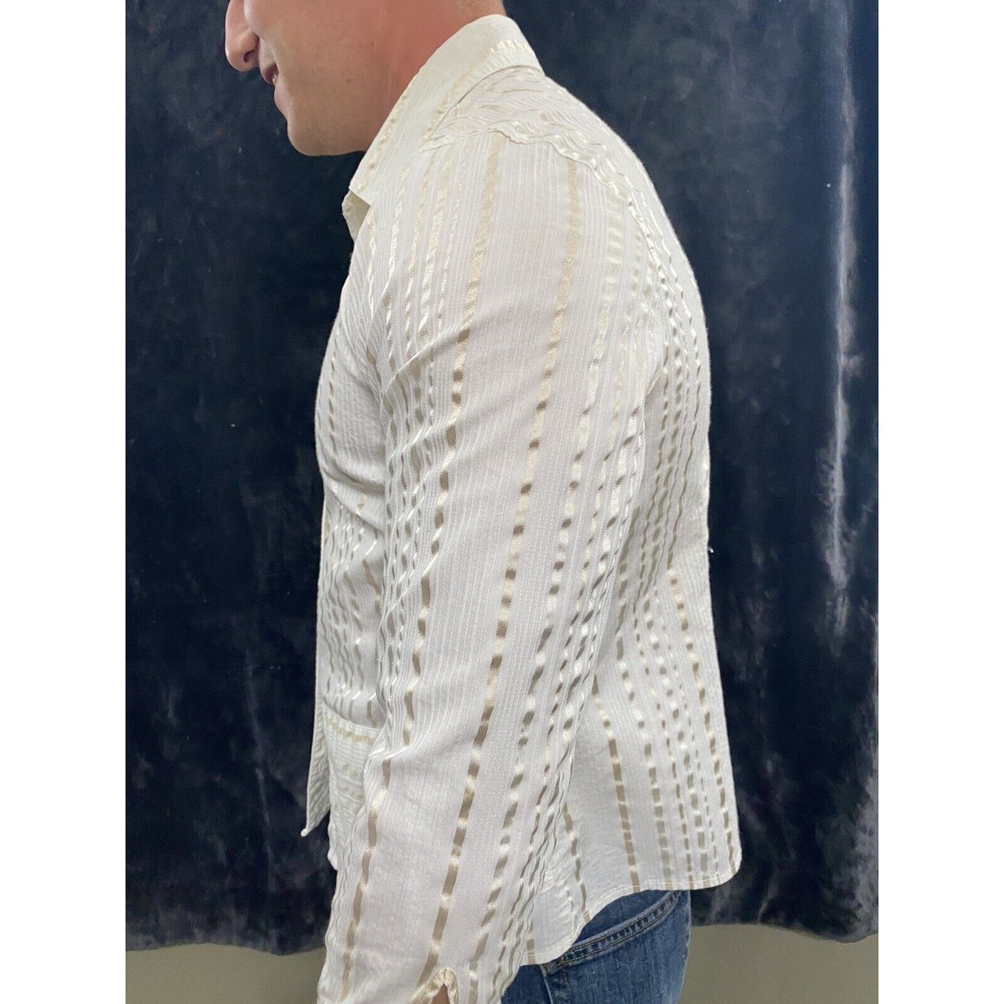 Croft & Barrow Women's Top Size L White Stretch Textured 3/4 Sleeve Button Front