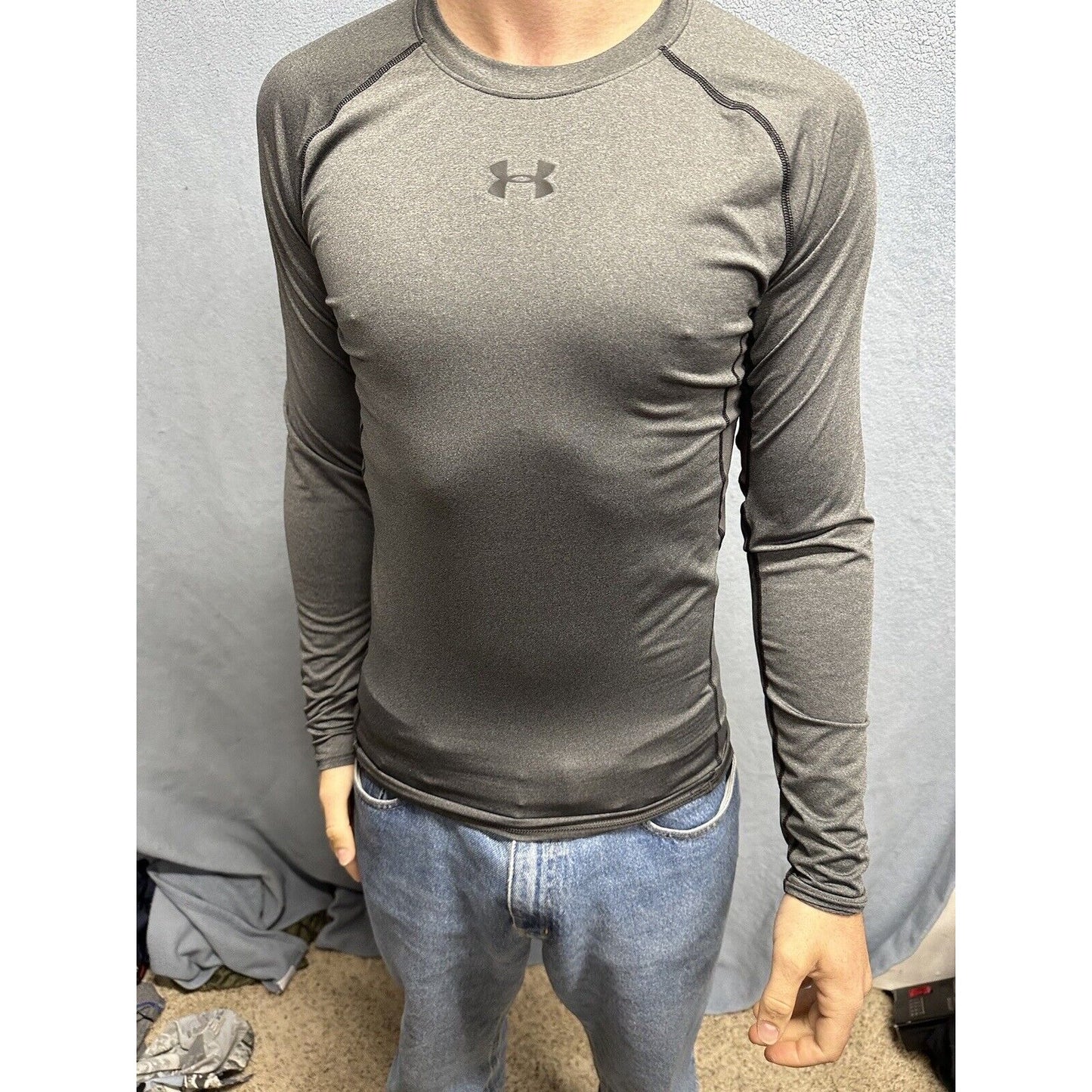 Men’s Large Gray Under Armour Compression Long Sleeve Pullover Shirt Athletic