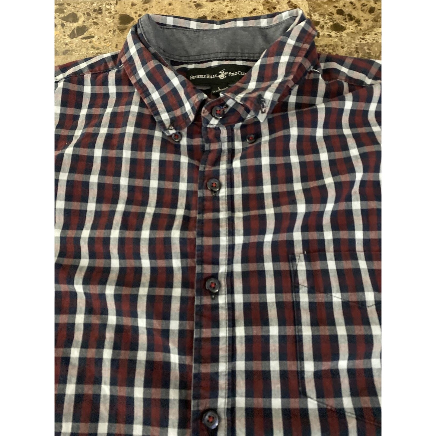 Beverly Hills Polo Club Mens Large White Red Black Plaid Button-down Long Sleeve
