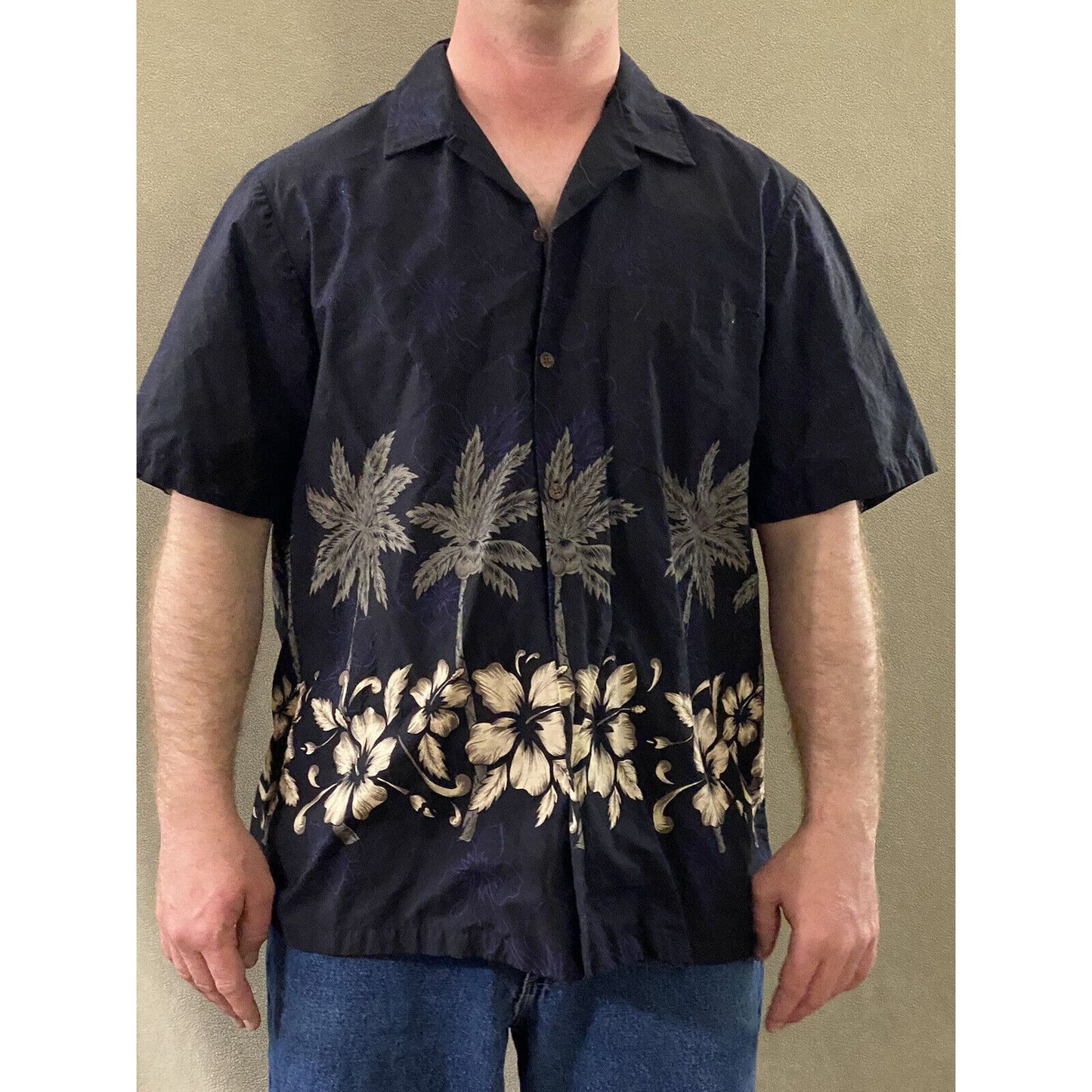 RJC Men’s XL Black Hawaiian Summer Palm Trees Hibiscus Flowers Button-down Shirt