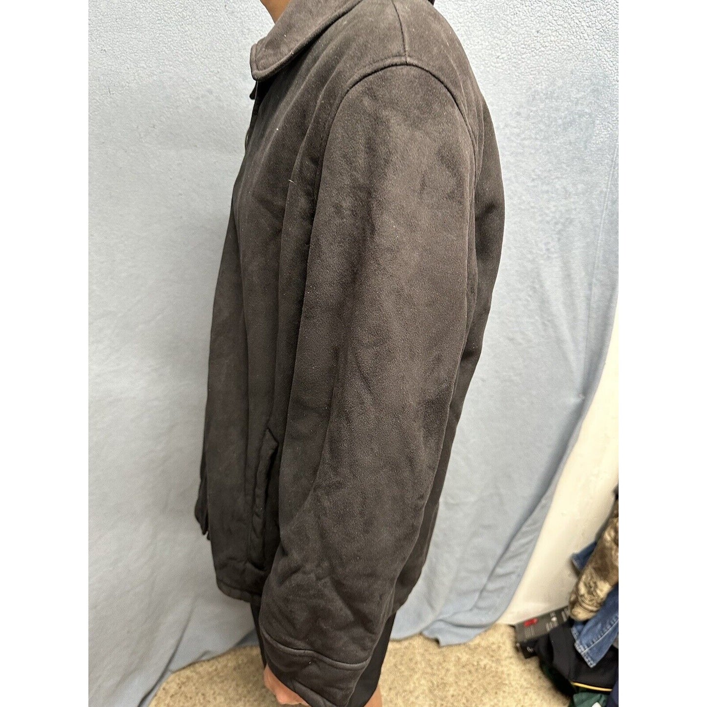 Men’s Perry Ellis Portfolio XXL Black Zip Up Faux Suede Faux Fur