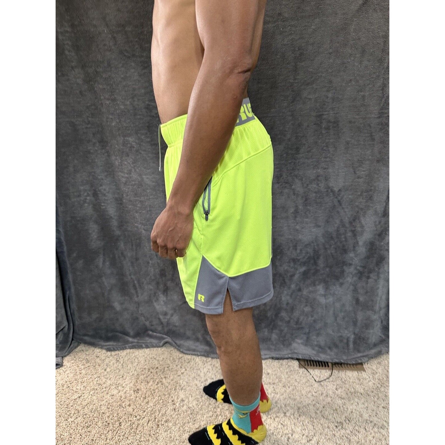 Men’s Neon Yellow Russell Athletic Shorts Zippered Pockets Medium