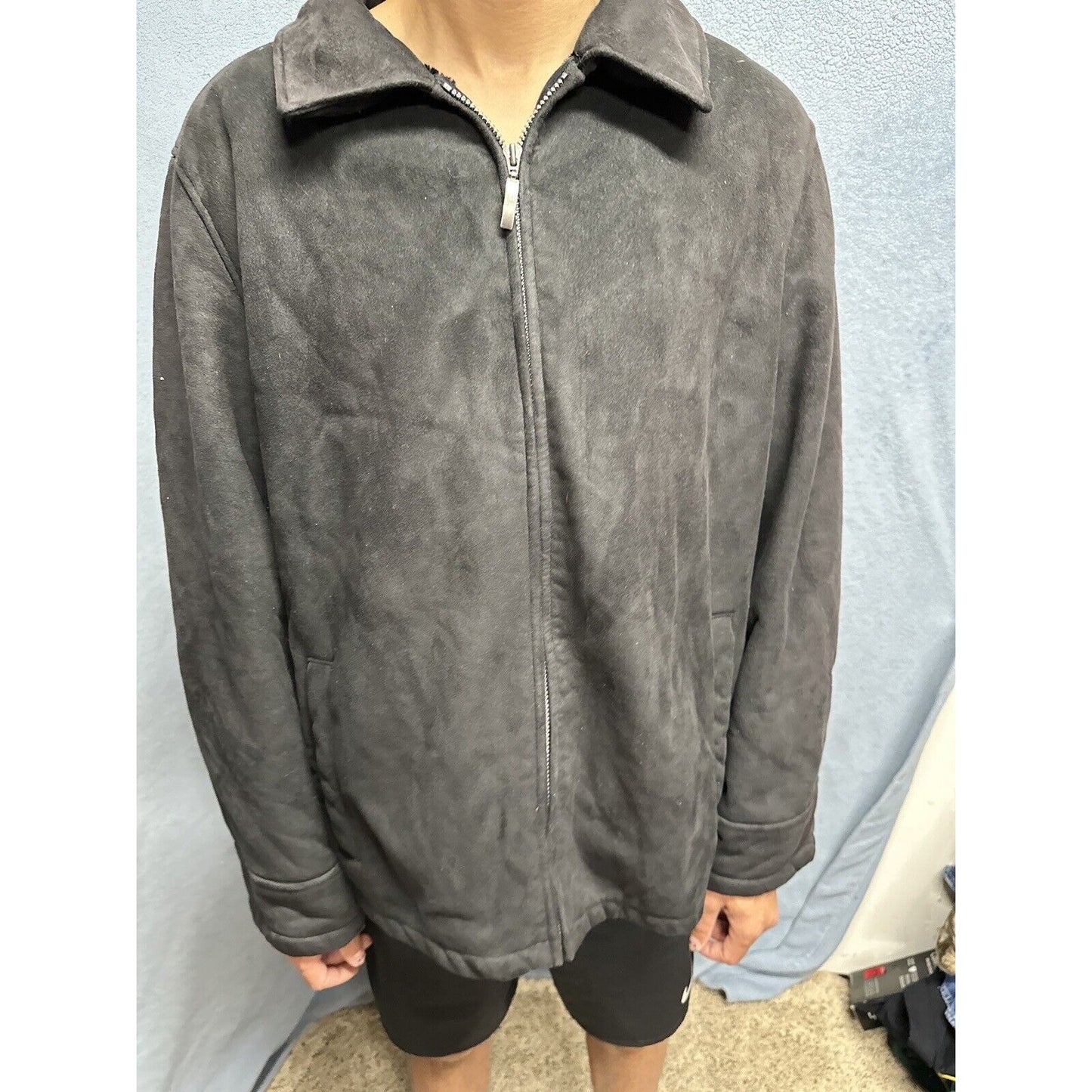 Men’s Perry Ellis Portfolio XXL Black Zip Up Faux Suede Faux Fur