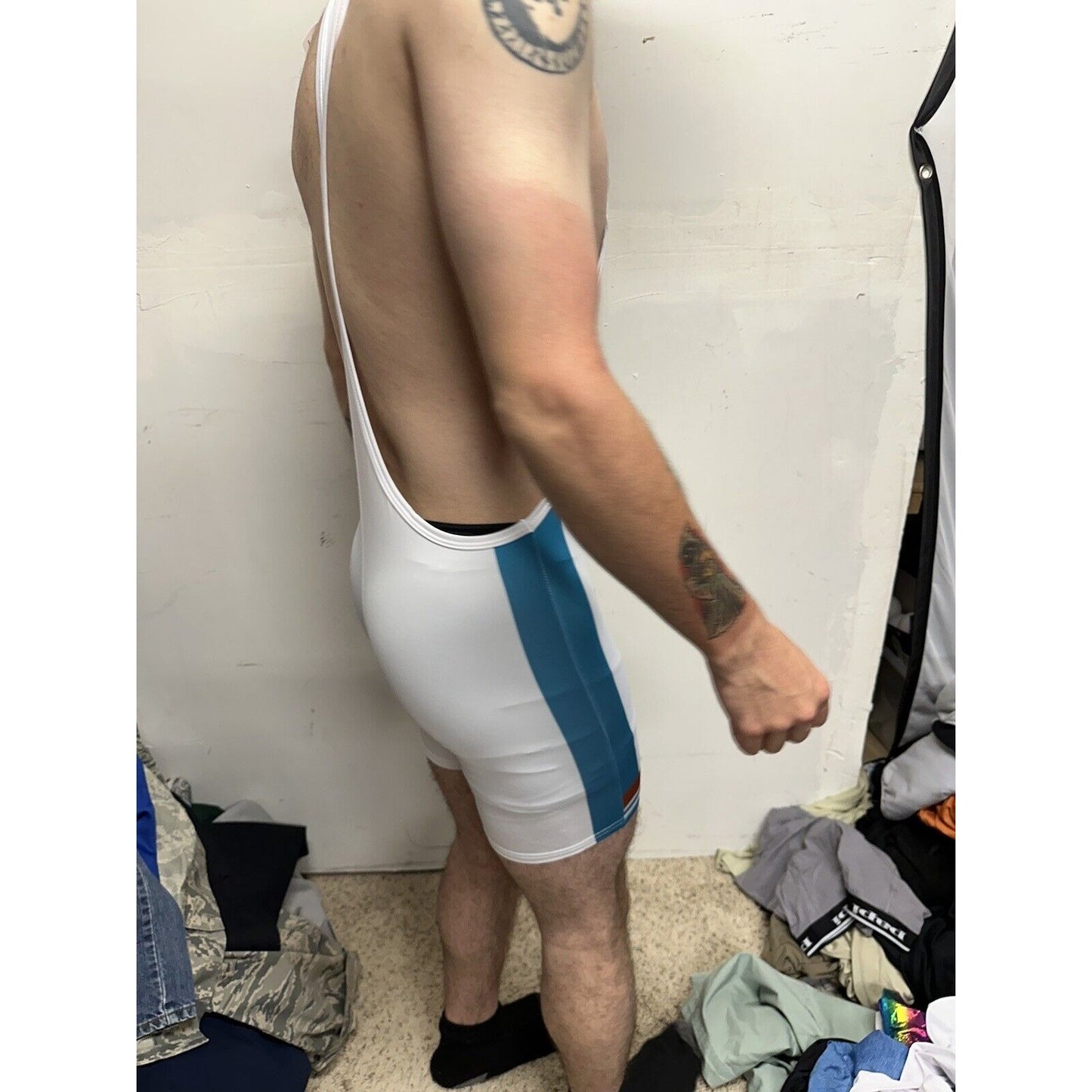 Men’s Tauwell White And Aqua Wrestling Singlet Medium