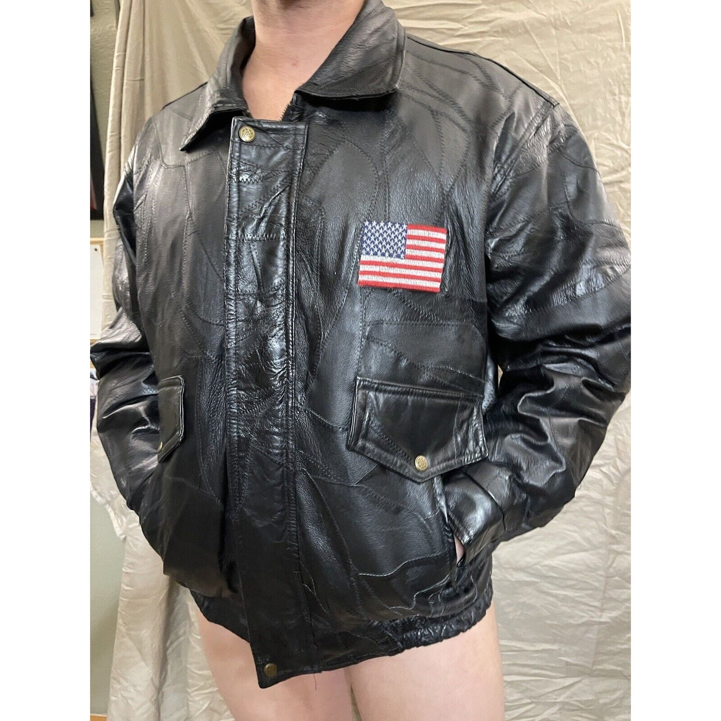 Men's XL genuine leather god bless america black Jacket