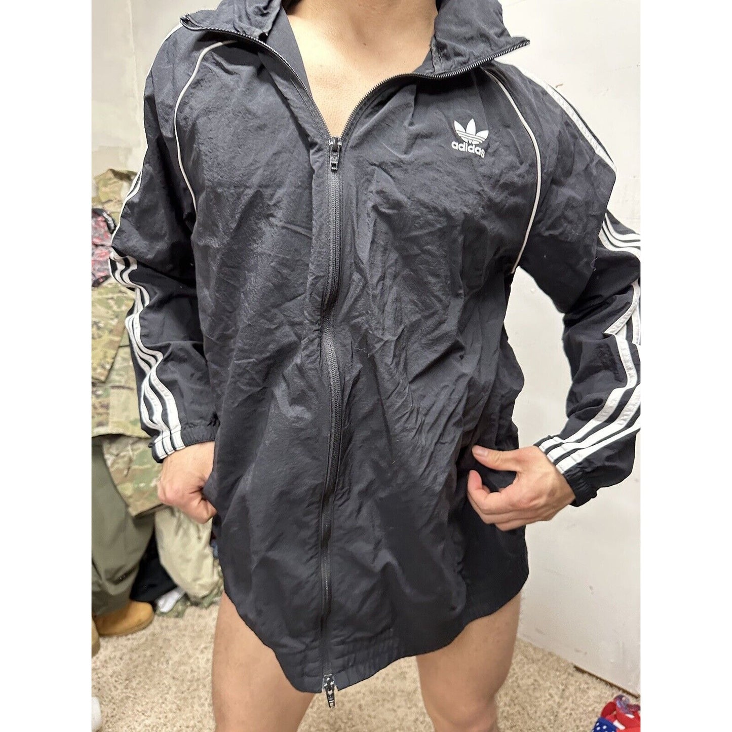 Adidas Men's Full Zip Hoodie Black /White Stripe