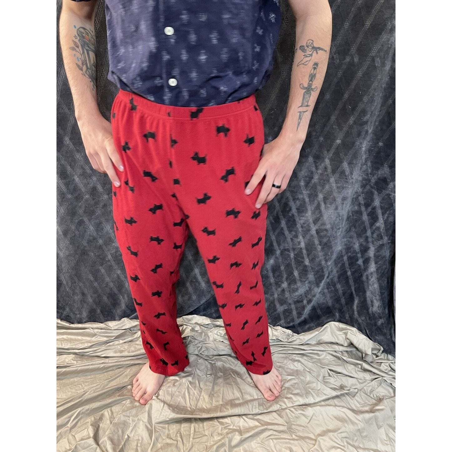 men’s medium long croft and borrow doggy lounge sleep pants dog red