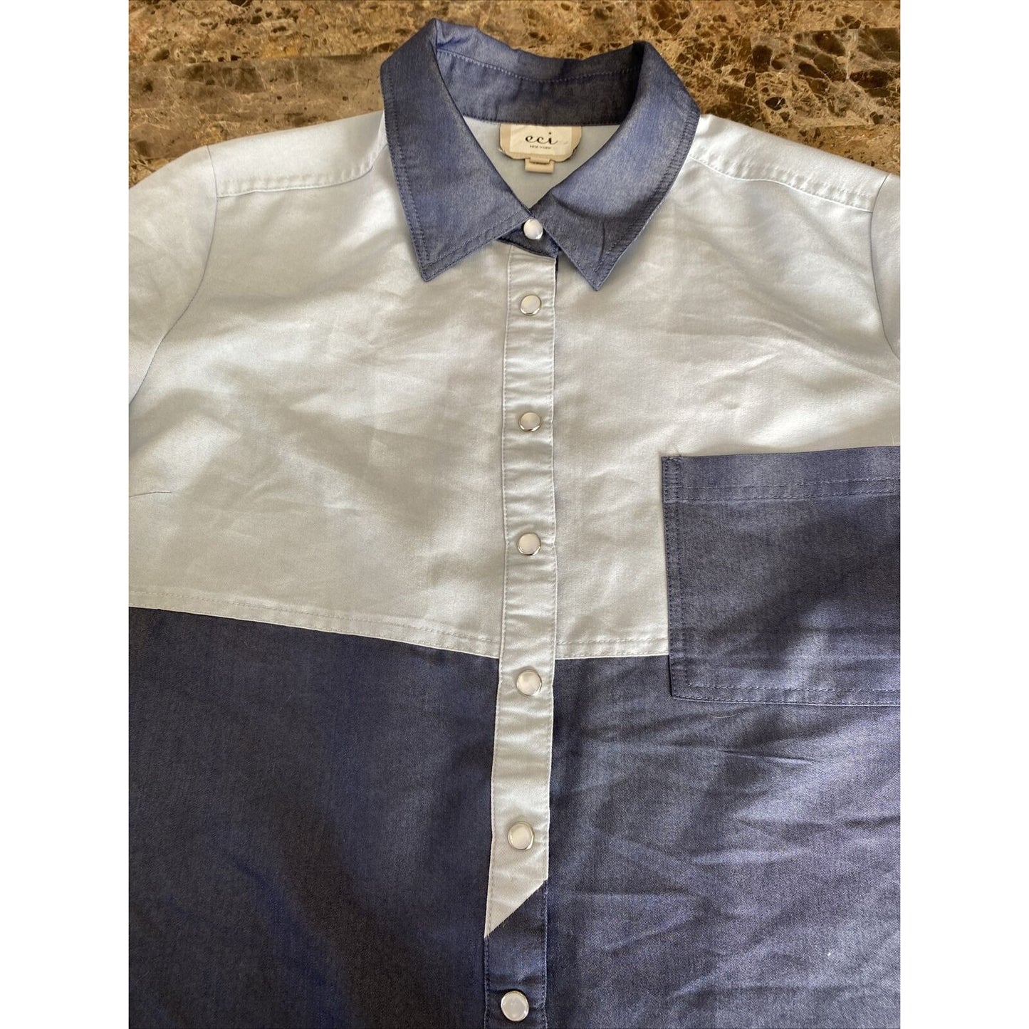 eci New York Women's Snap Button Blouse Size Large Blue Tie Front Western Style
