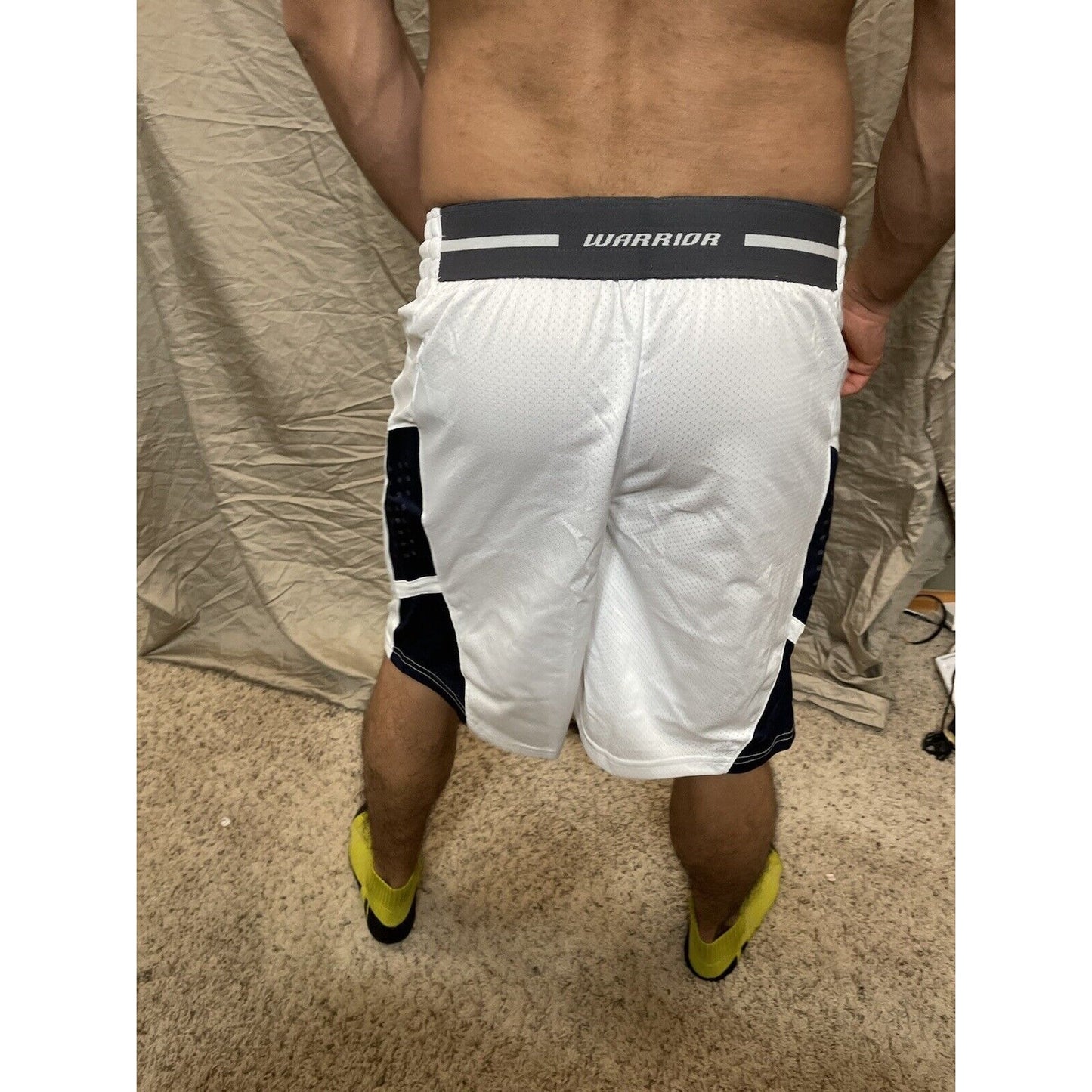 Men's white with dark blue warrior adult small Basketball Style Shorts No Pocket