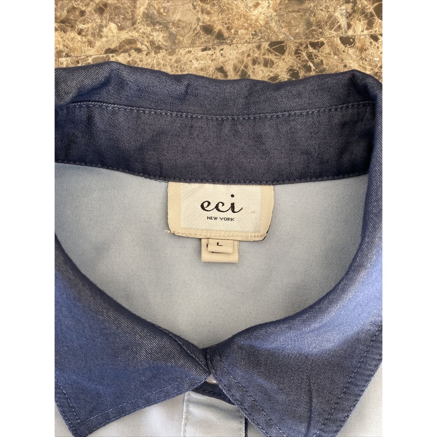 eci New York Women's Snap Button Blouse Size Large Blue Tie Front Western Style
