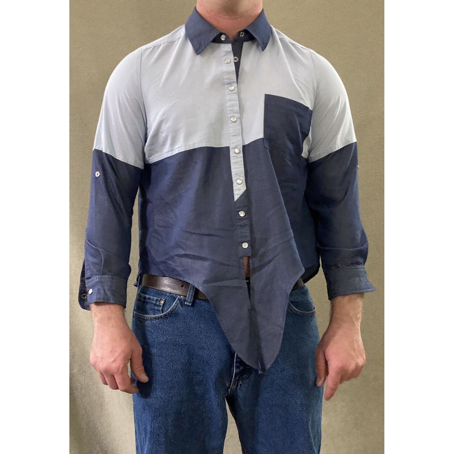 eci New York Women's Snap Button Blouse Size Large Blue Tie Front Western Style