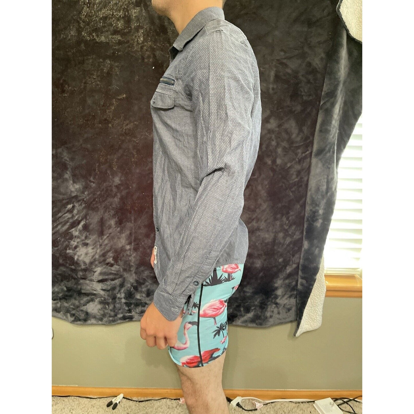 Men’s Calvin Klein button up long sleeve dark Blue Shirt Zippered Pocket Medium