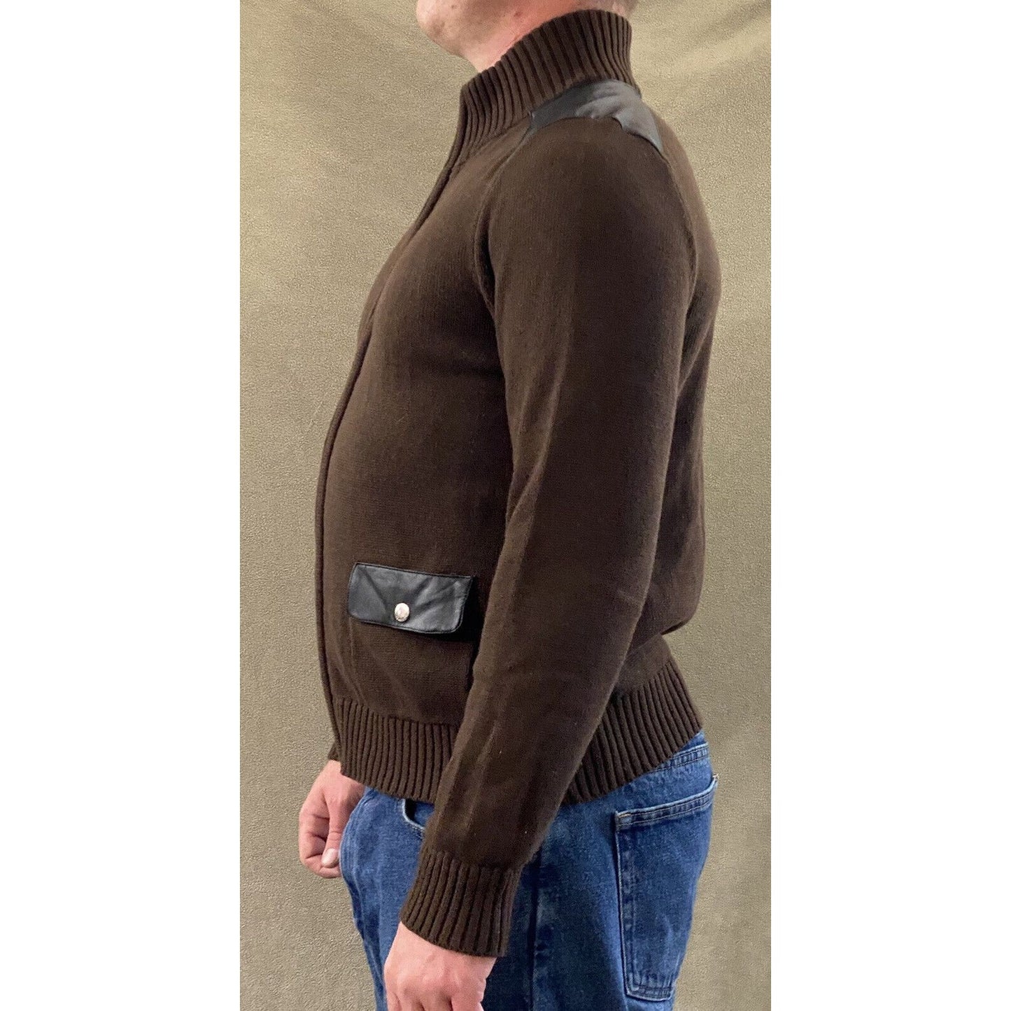 Chaps Men’s XL Chocolate Brown Full-zip Cotton Sweater w/ Black Leather Padding