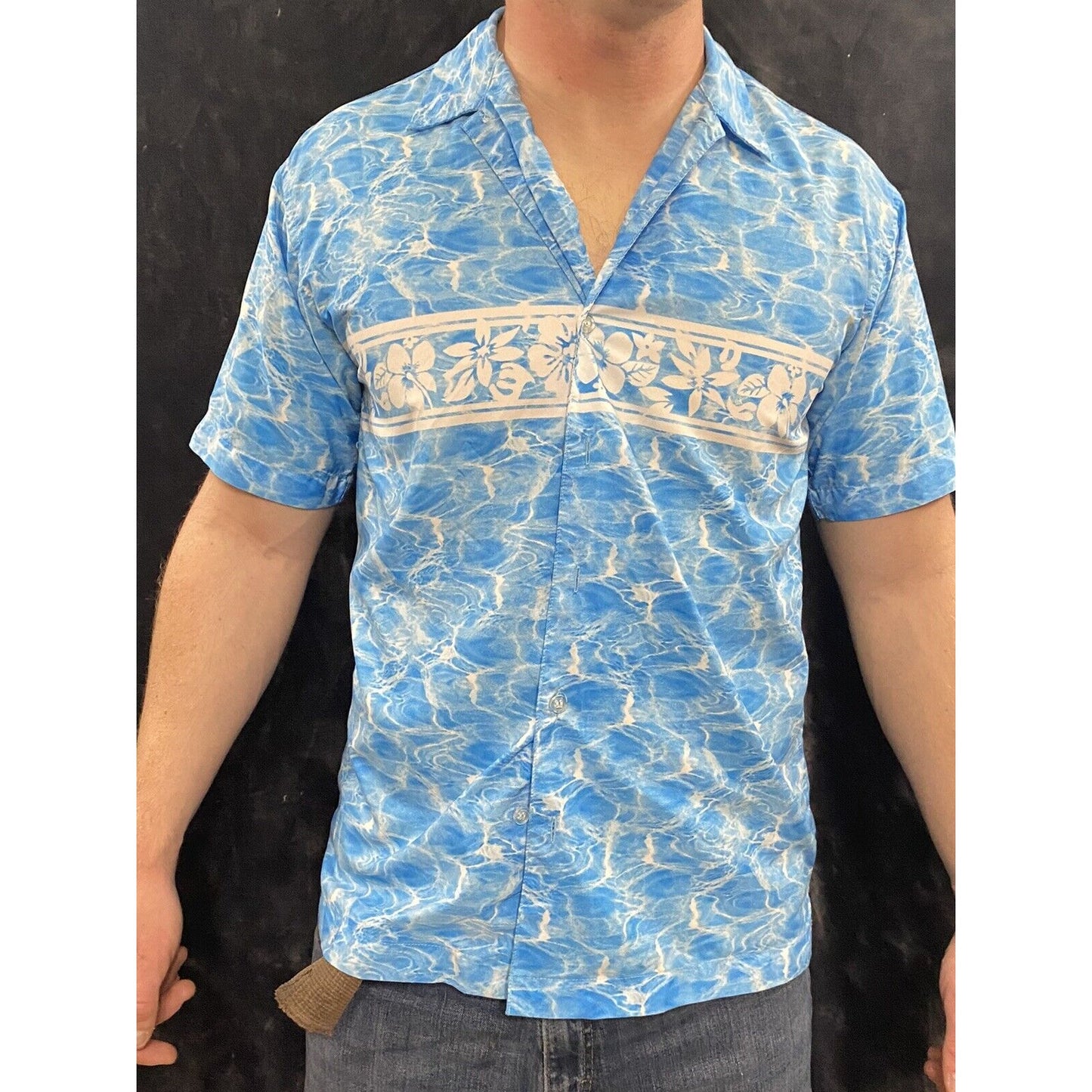ARIZONA Jean Co. Hawaiian Shirt Aloha Large Sky Blue Floral Band Short Sleeves L