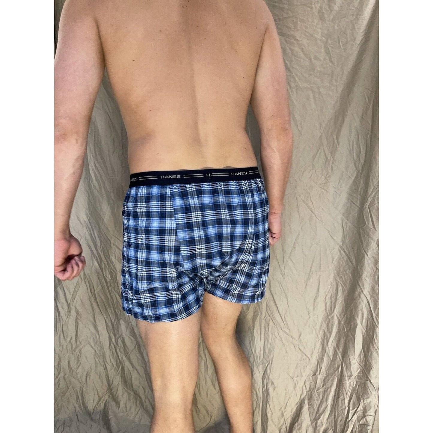 men's hanes blue plaid boxer shorts large confort flex