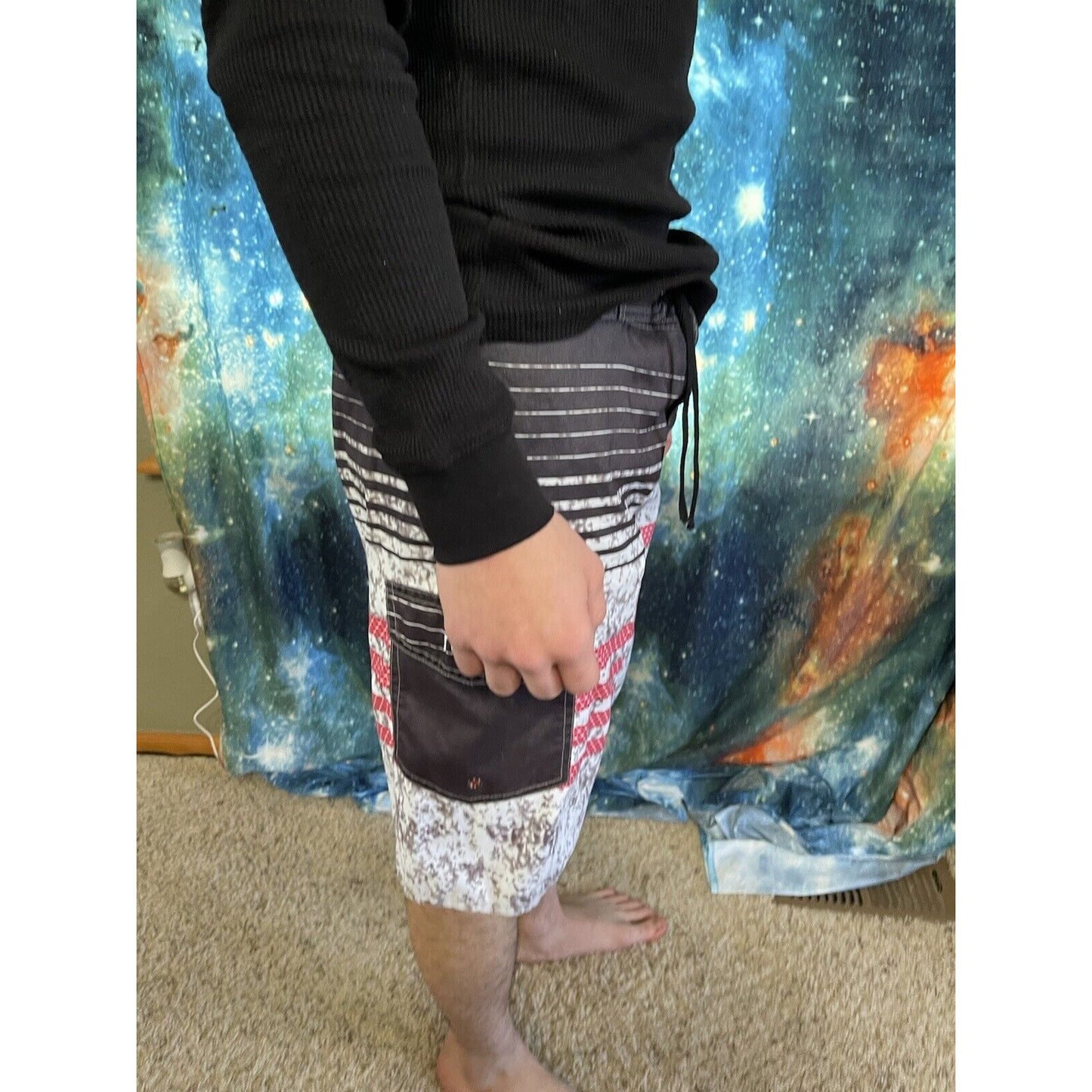 NONWE Mens Board Shorts Sz 30 Black Red Stripes Swim trunks