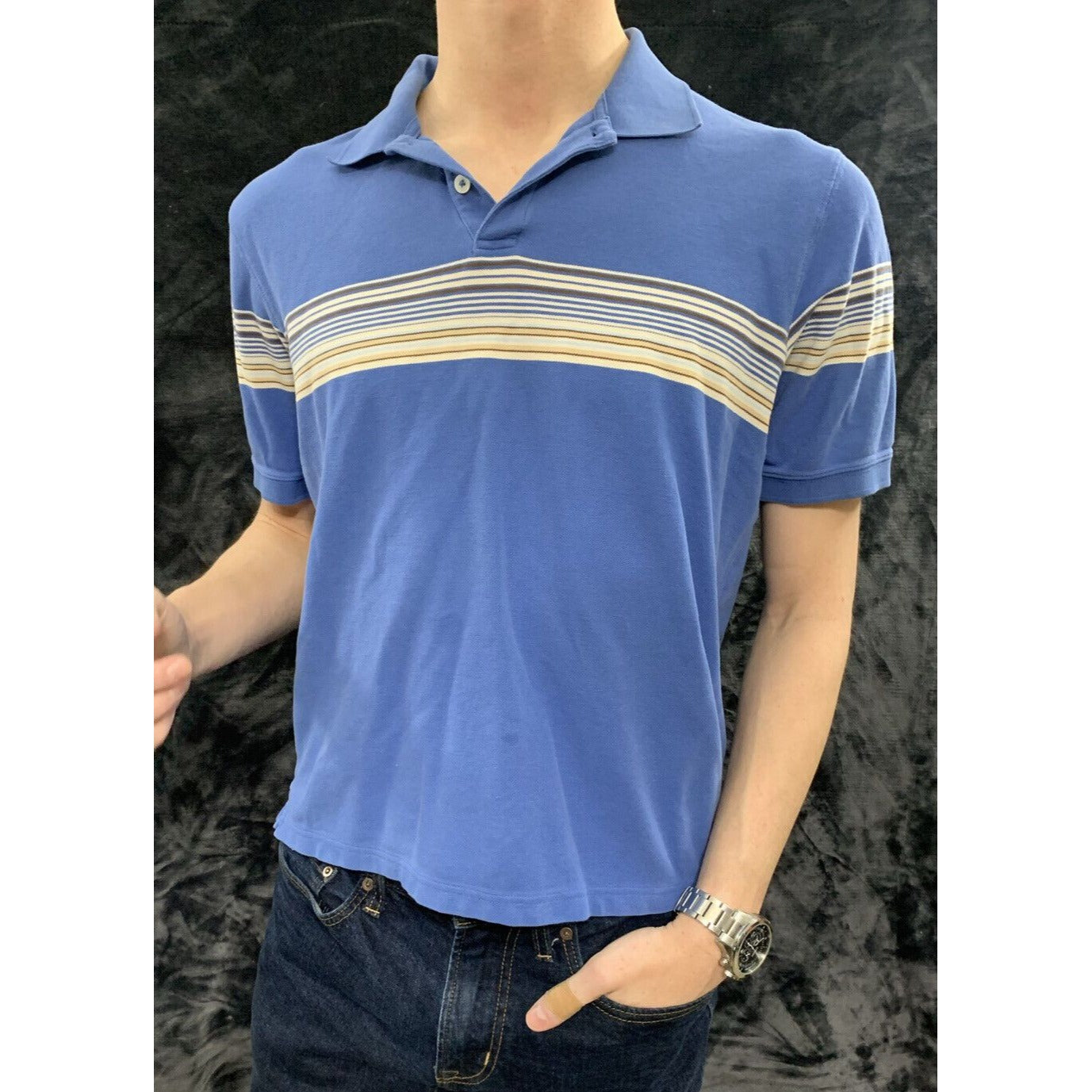 Eddie Bauer Blue with White Stripe Men’s Medium Cotton Polo Shirt