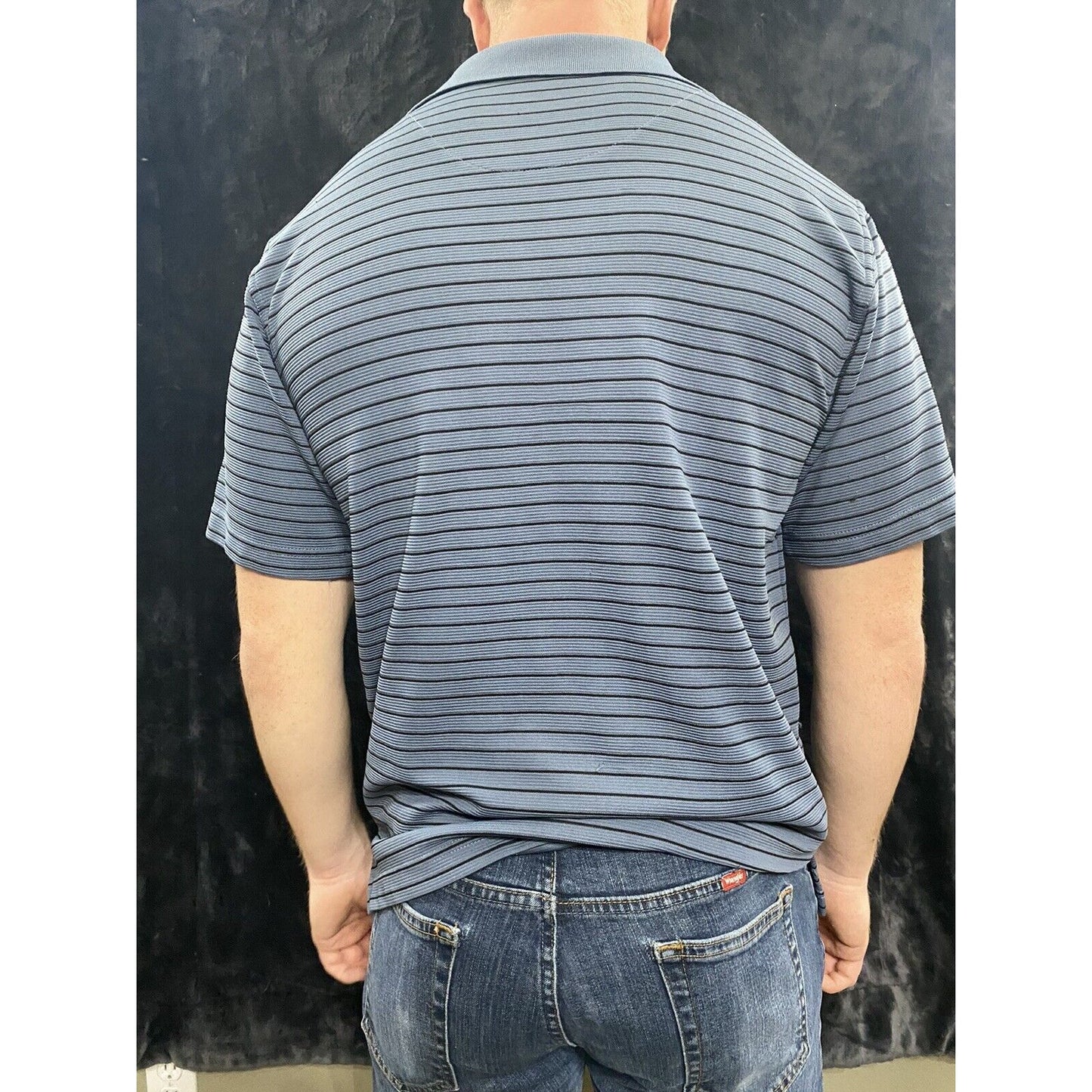 GRAND SLAM PERFORMANCE GOLF Lichen Blue w/Black Stripes Men’s Medium Polo Shirt