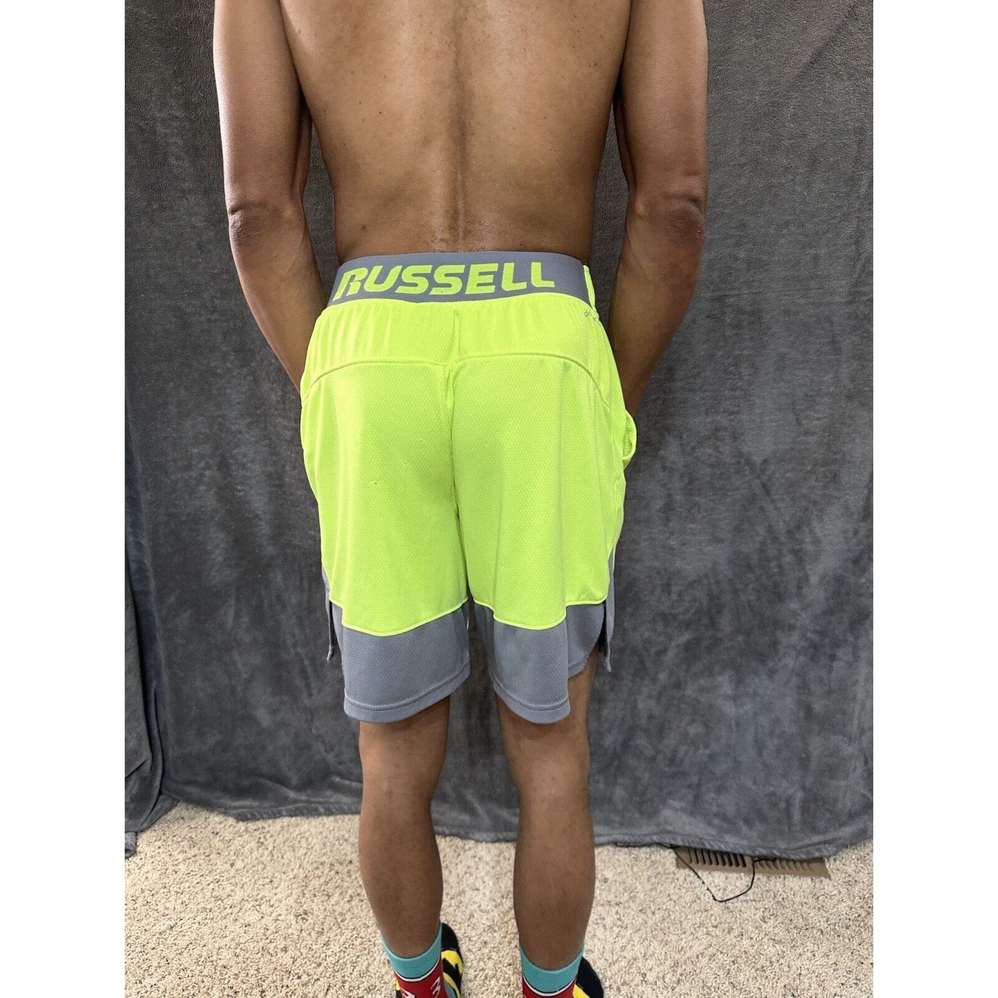 Men’s Neon Yellow Russell Athletic Shorts Zippered Pockets Medium
