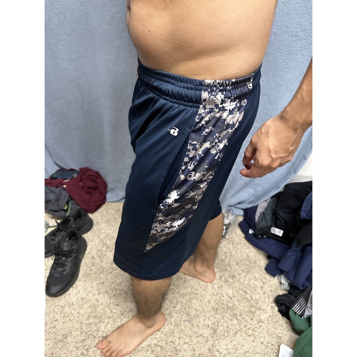 Men’s Badger Sport Small Dark Blue Camo Athletic Shorts With Pockets