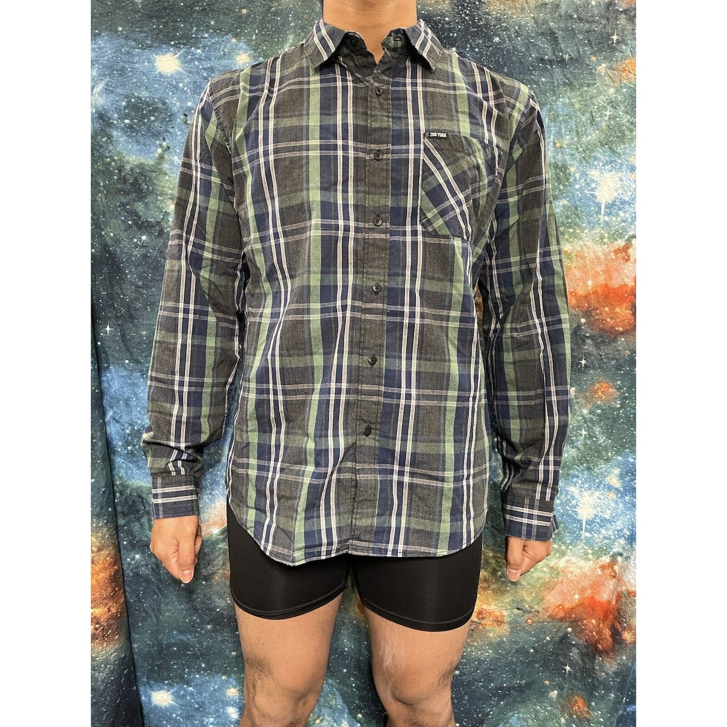 Zoo York Unbreakable Plaid Button-Front Shirt L M Green Blue Men's $30 MSRP