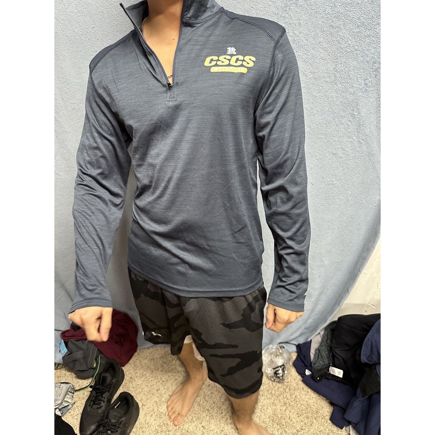 Men’s Gray Navy Blue CSCS Wrestling BSN Sports Medium Pullover 1/4 Zip