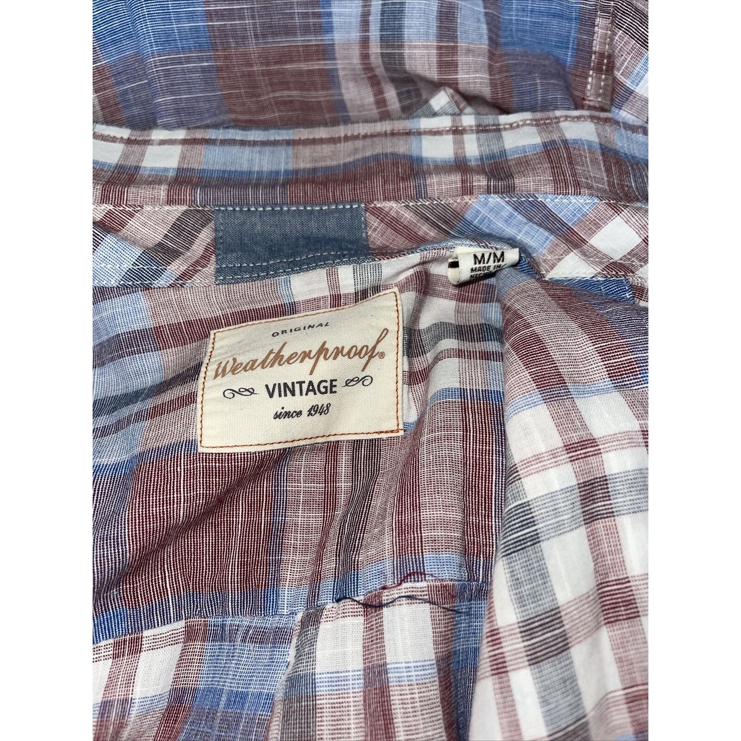 Original Weatherproof Vintage Men's Shirt Short Sleeve Button-Down Blue Plaid M