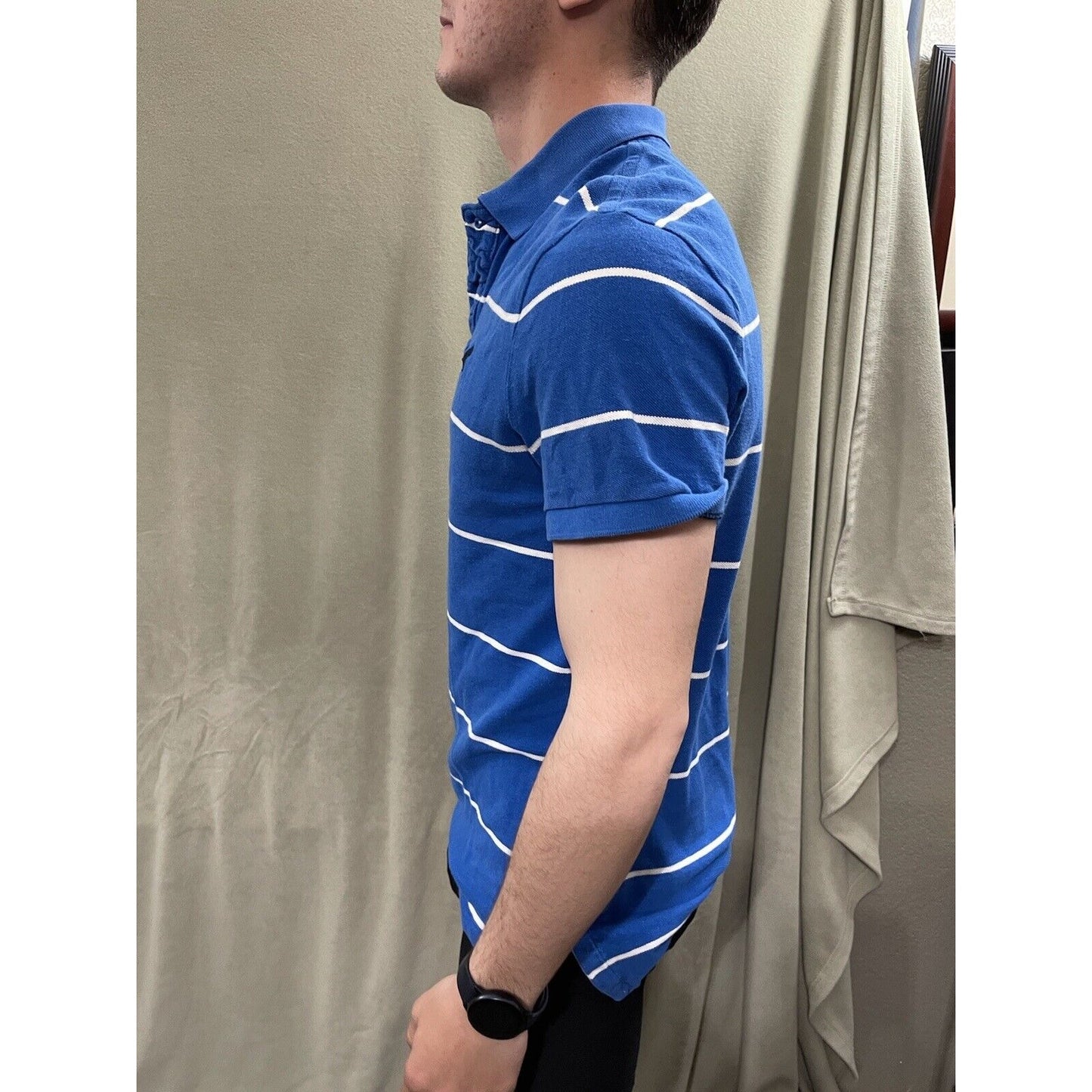 American Eagle Mens Polo Shirt Medium M Blue White Striped Short Sleeves Vintage