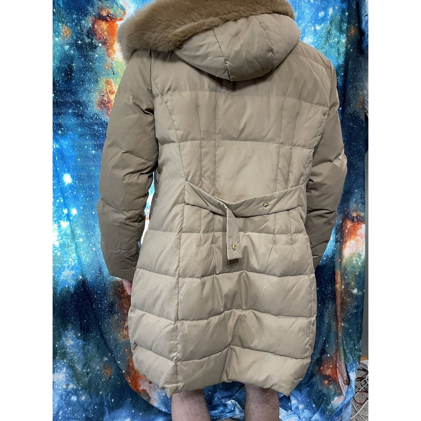 Larry Levin Women's Large Tan Puffy Snap jacket Down Faux Fur