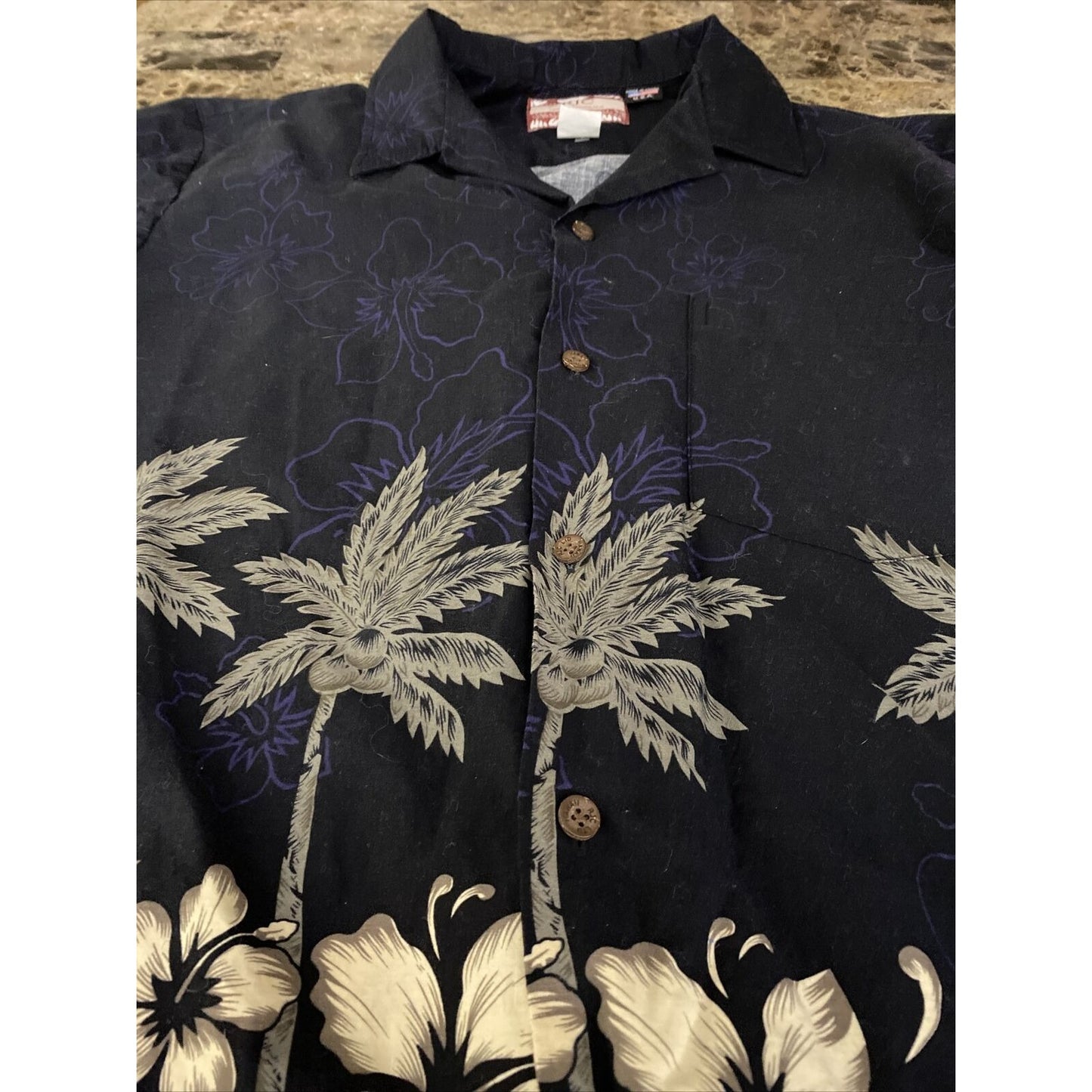 RJC Men’s XL Black Hawaiian Summer Palm Trees Hibiscus Flowers Button-down Shirt