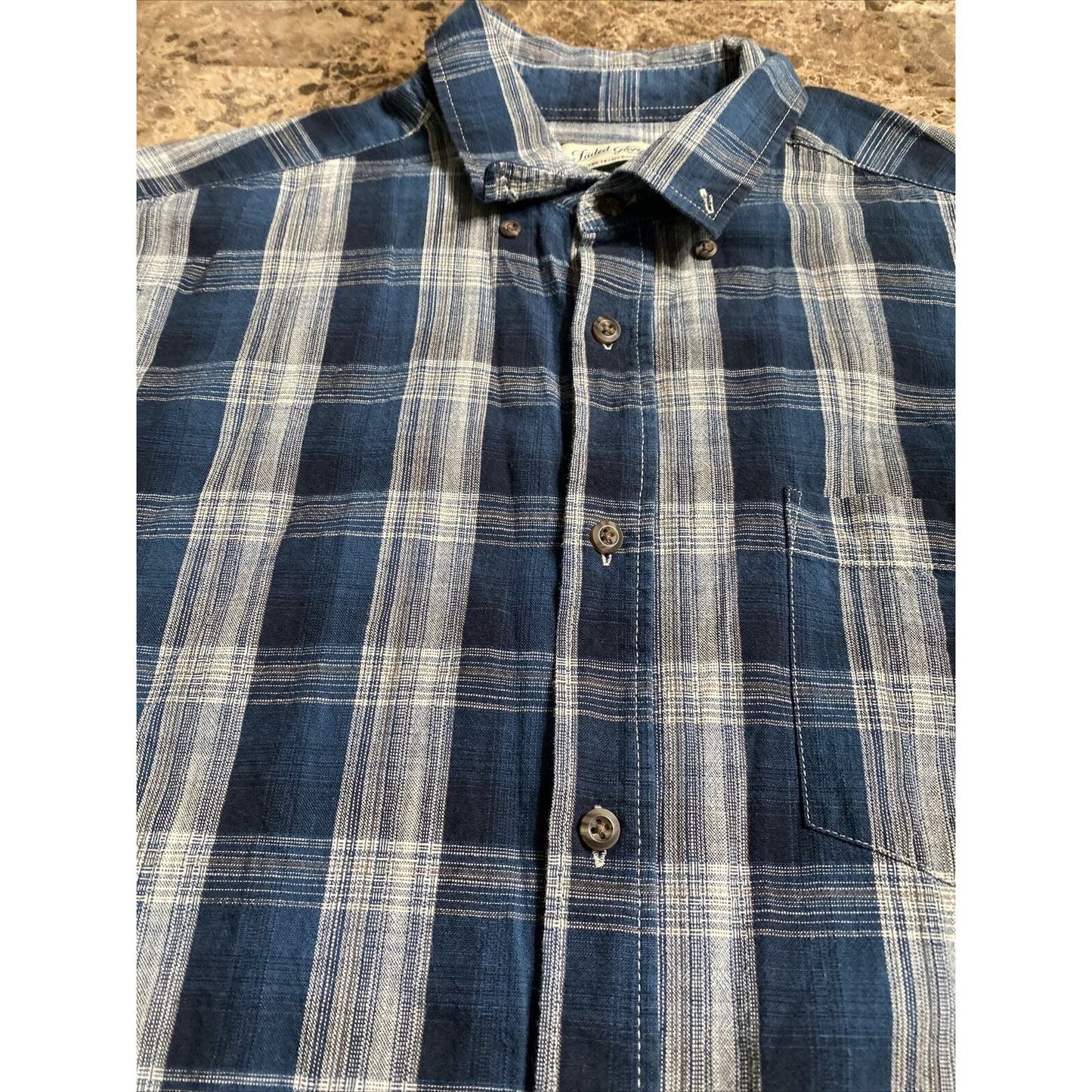 Faded Glory Men’s Medium Cobalt Blue White Plaid Button-down Cotton Long Sleeves