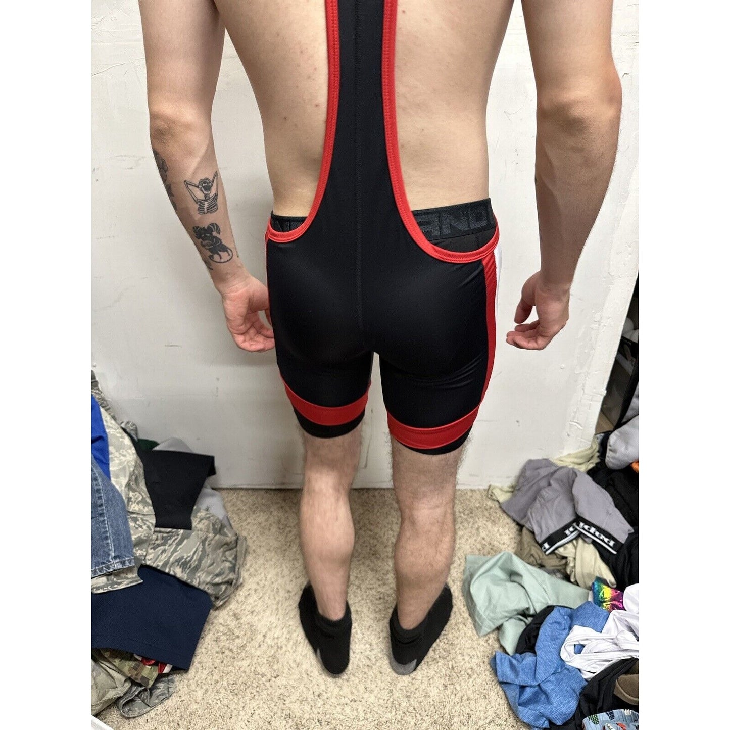 Men’s Tauwell Wrestling Singlet Black And Red With White Large