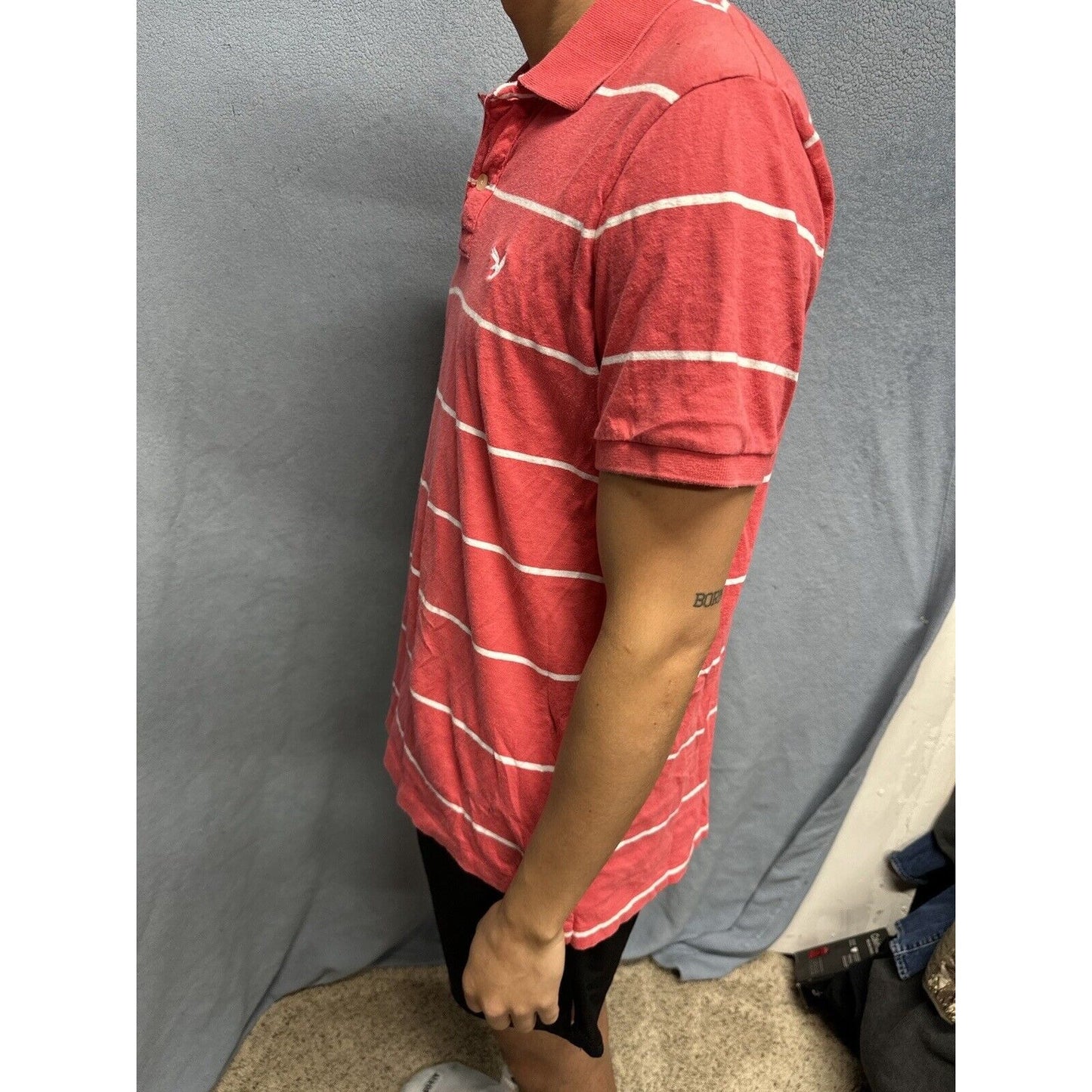 Salmon Pink Men’s Striped American Eagle Vintage Fit Large Polo Shirt