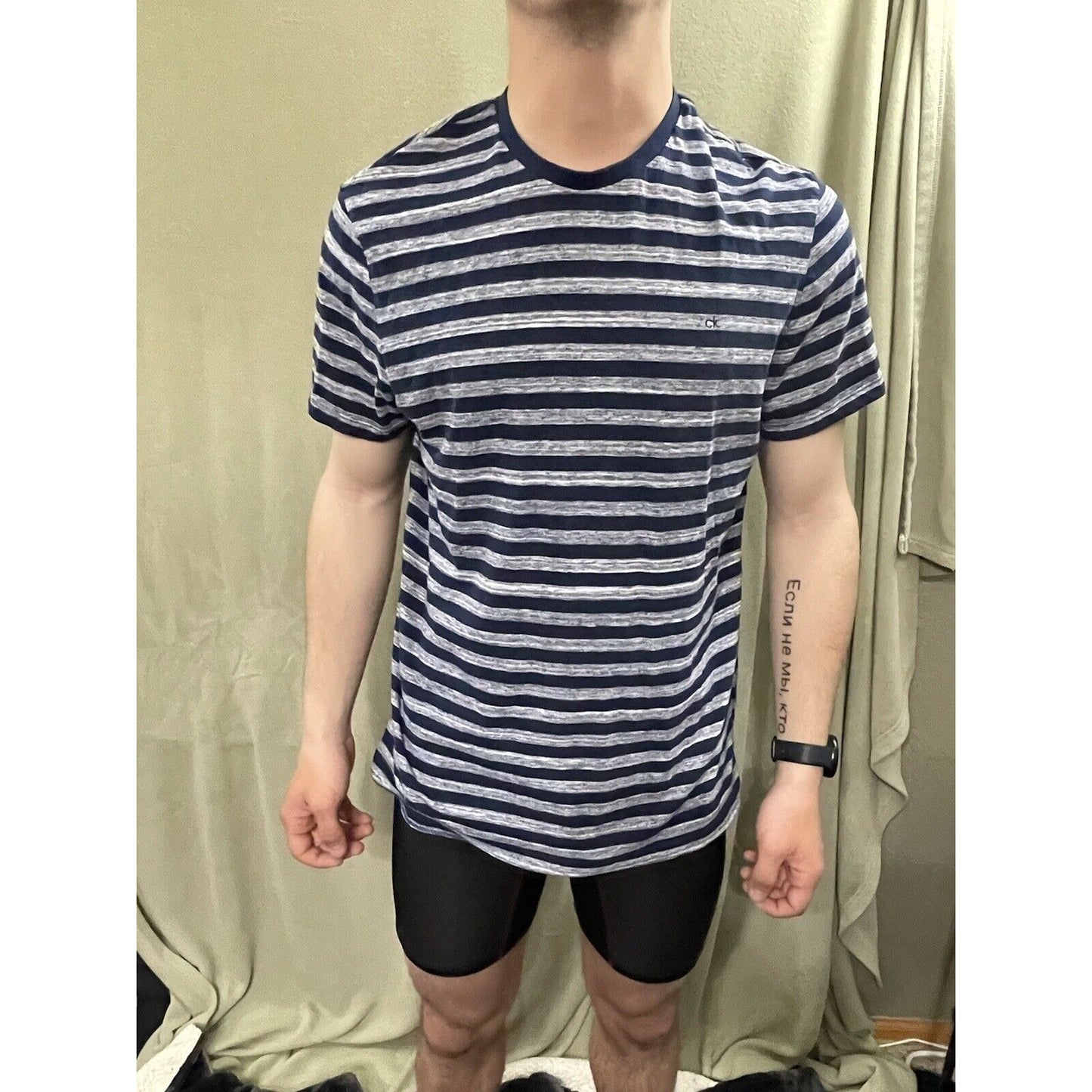 Vintage Calvin Klein Striped T-Shirt Blue White Navy Stripes Size Large
