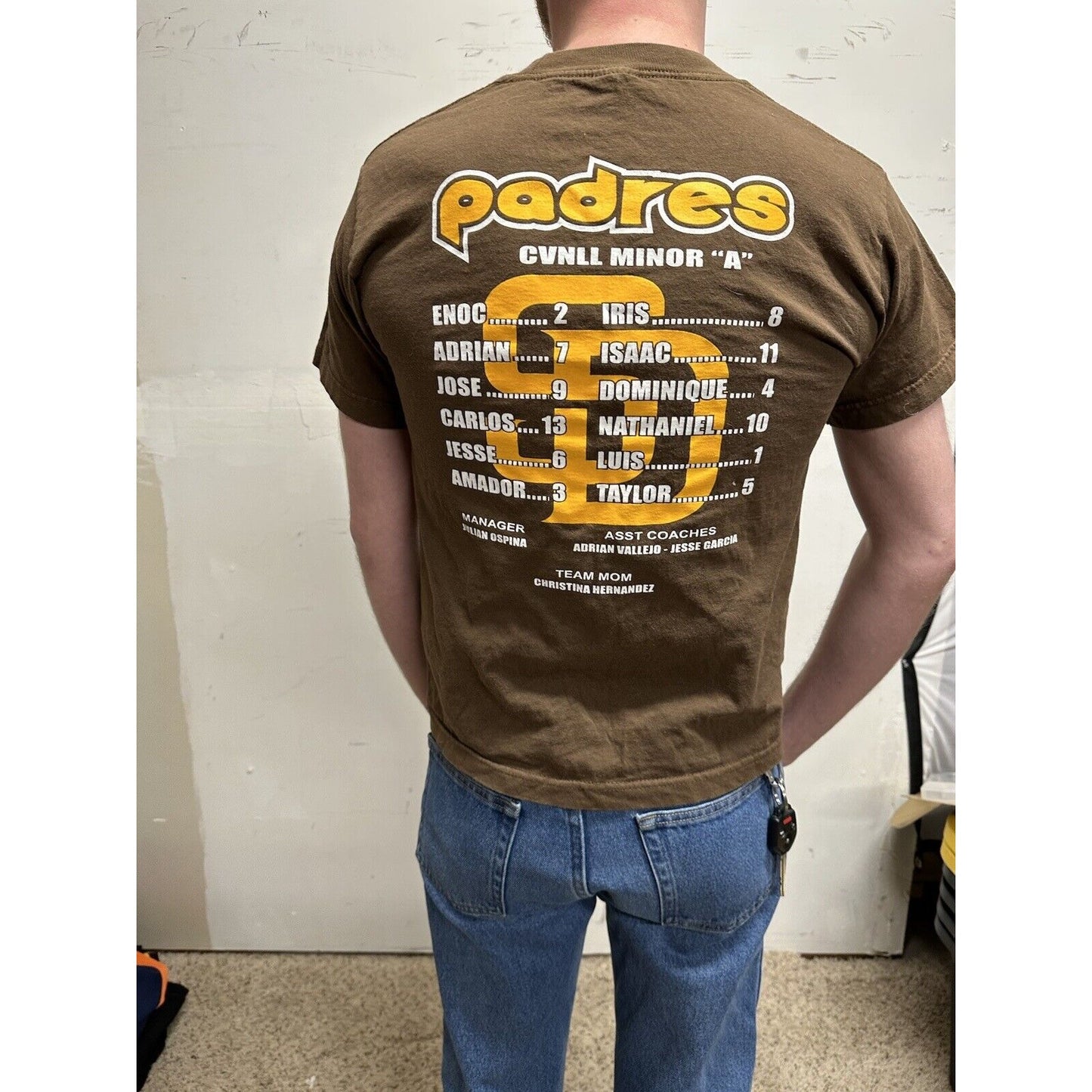 men’s san diego padres old logo style brown short sleeve youth large shirt