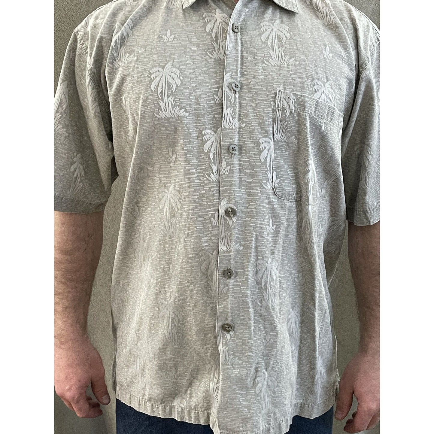 FADED GLORY MEN'S SZ L (42-44) Beige SHORT SLEEVE HAWAIIAN PALM TREES POCKET