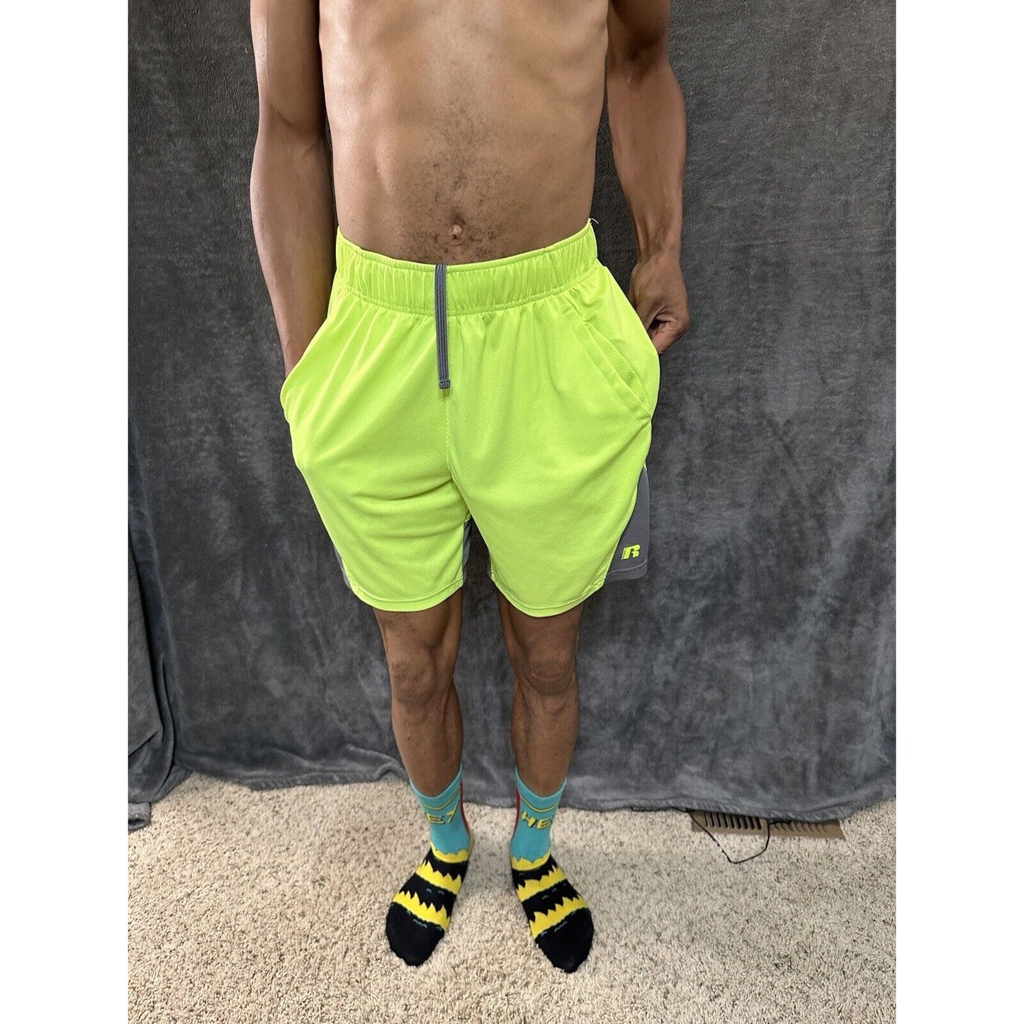 Men’s Neon Yellow Russell Athletic Shorts Zippered Pockets Medium