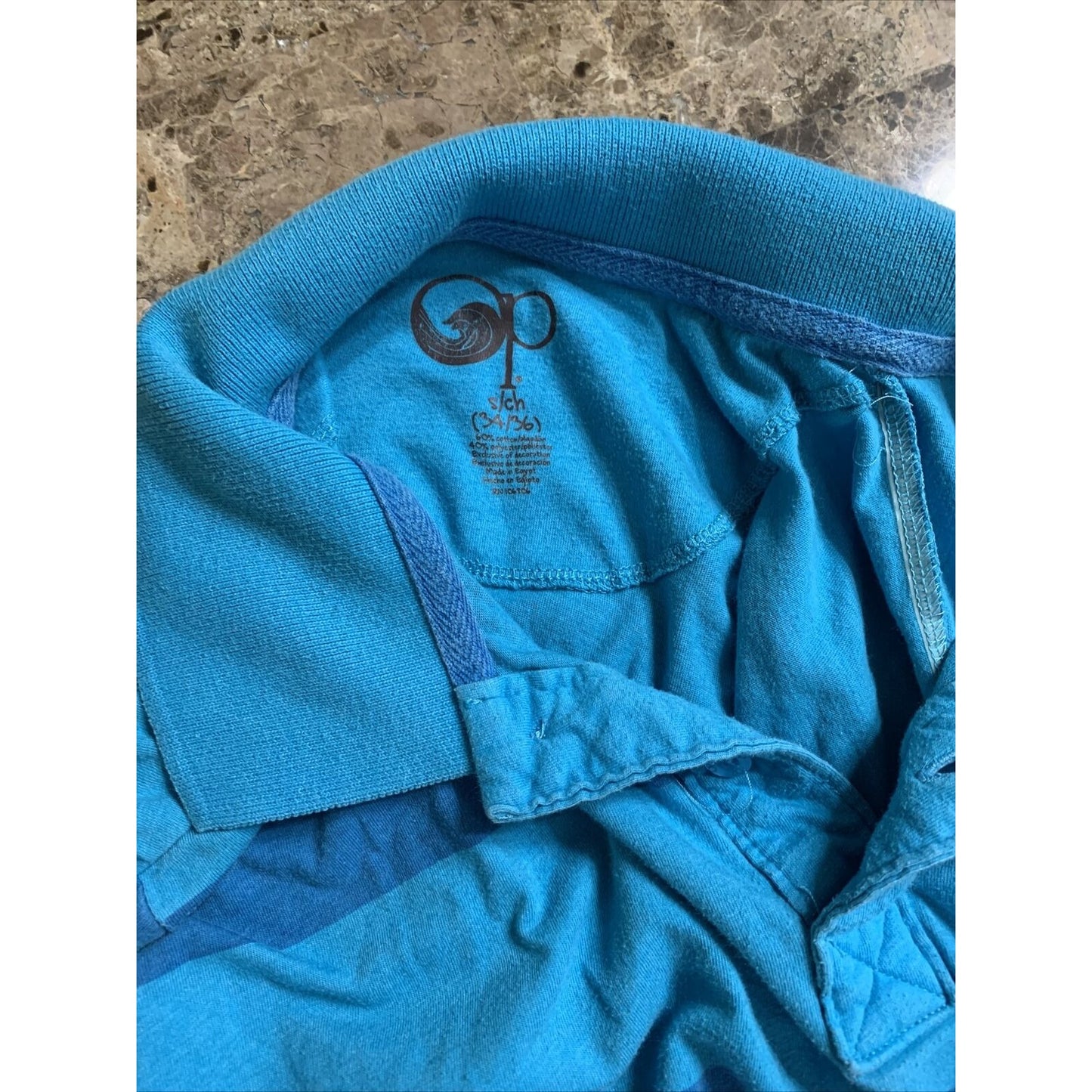 OP Sport Men's Blue Striped Hawaiian Tropical Short Sleeve Polo Shirt Size Small