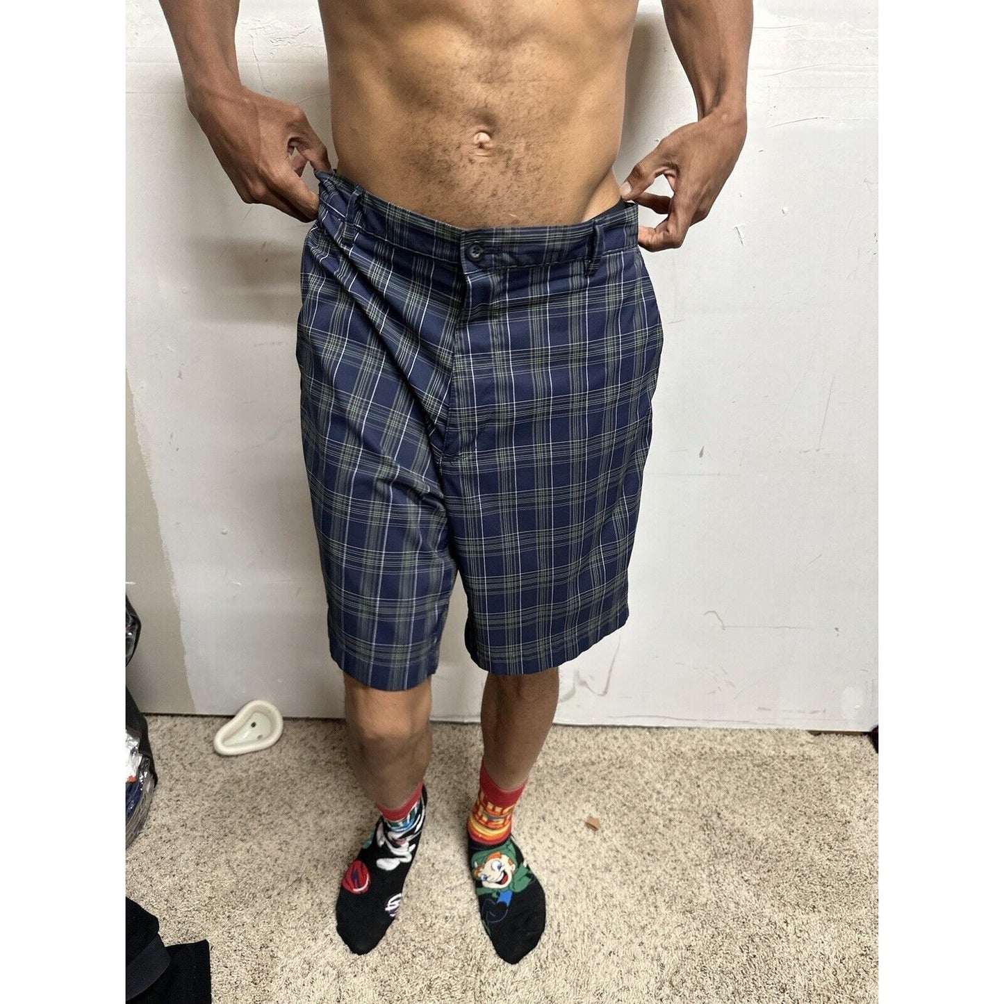 CHAPS Golf 78 Shorts Mens 36 Navy/Green/Grey Plaid Flat Front Stretch