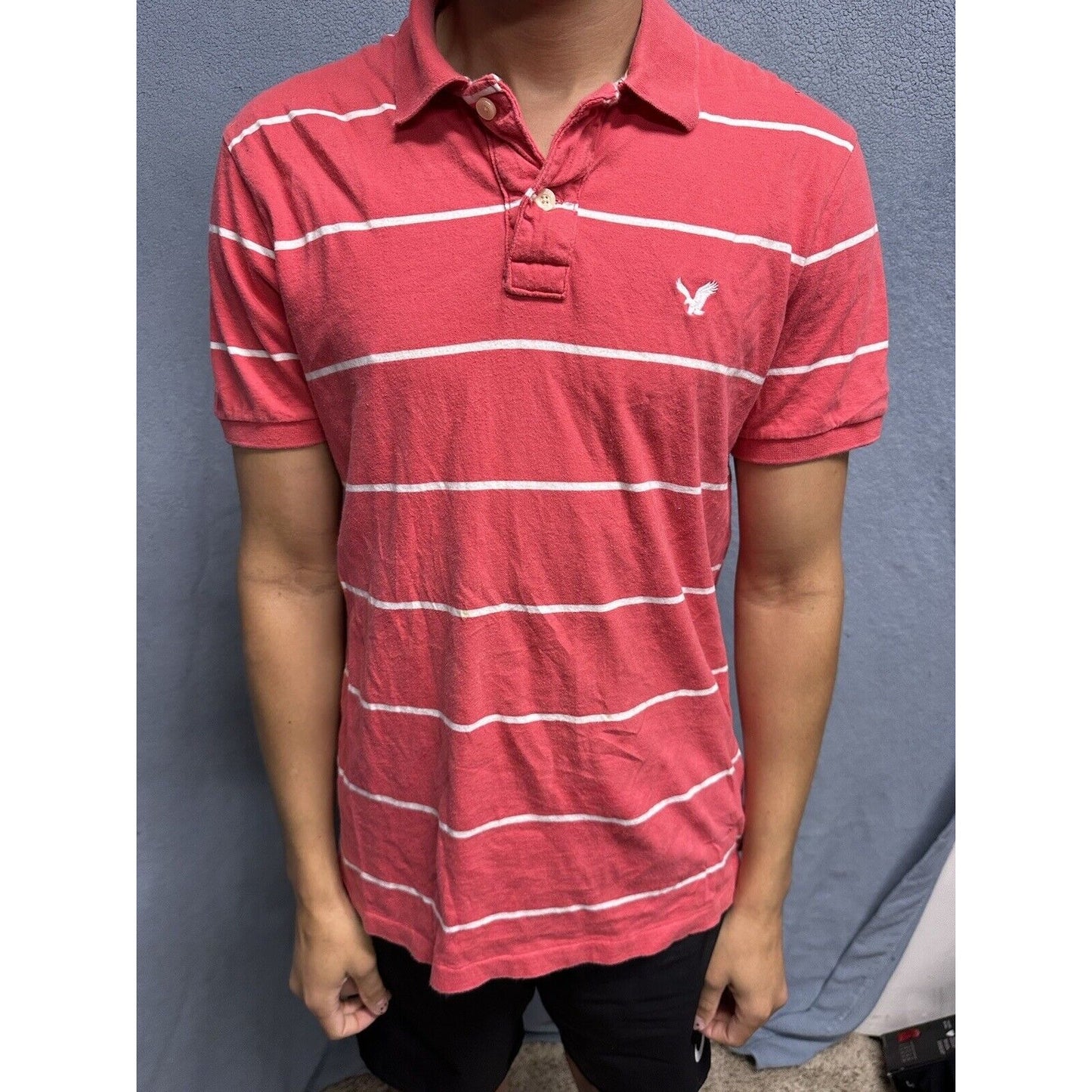 Salmon Pink Men’s Striped American Eagle Vintage Fit Large Polo Shirt