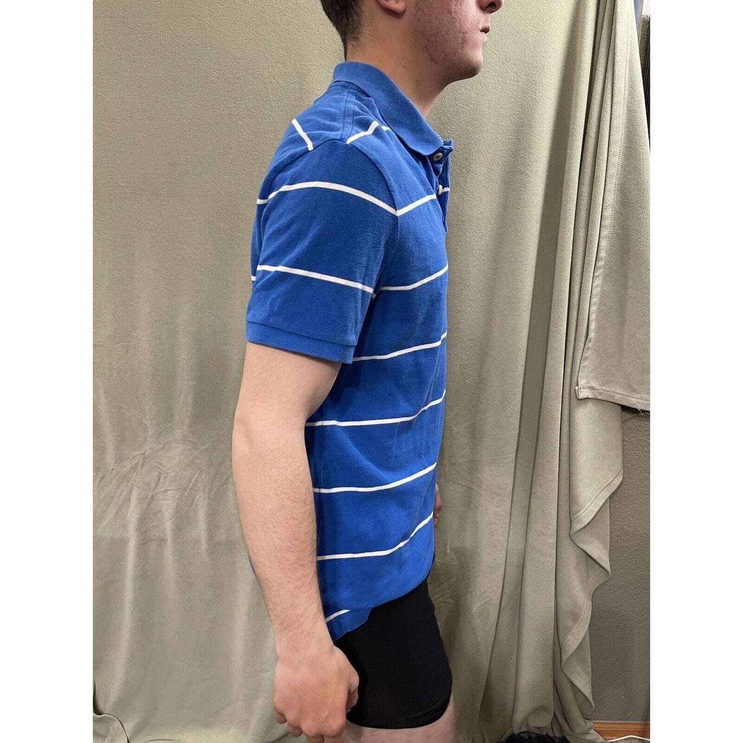 American Eagle Mens Polo Shirt Medium M Blue White Striped Short Sleeves Vintage