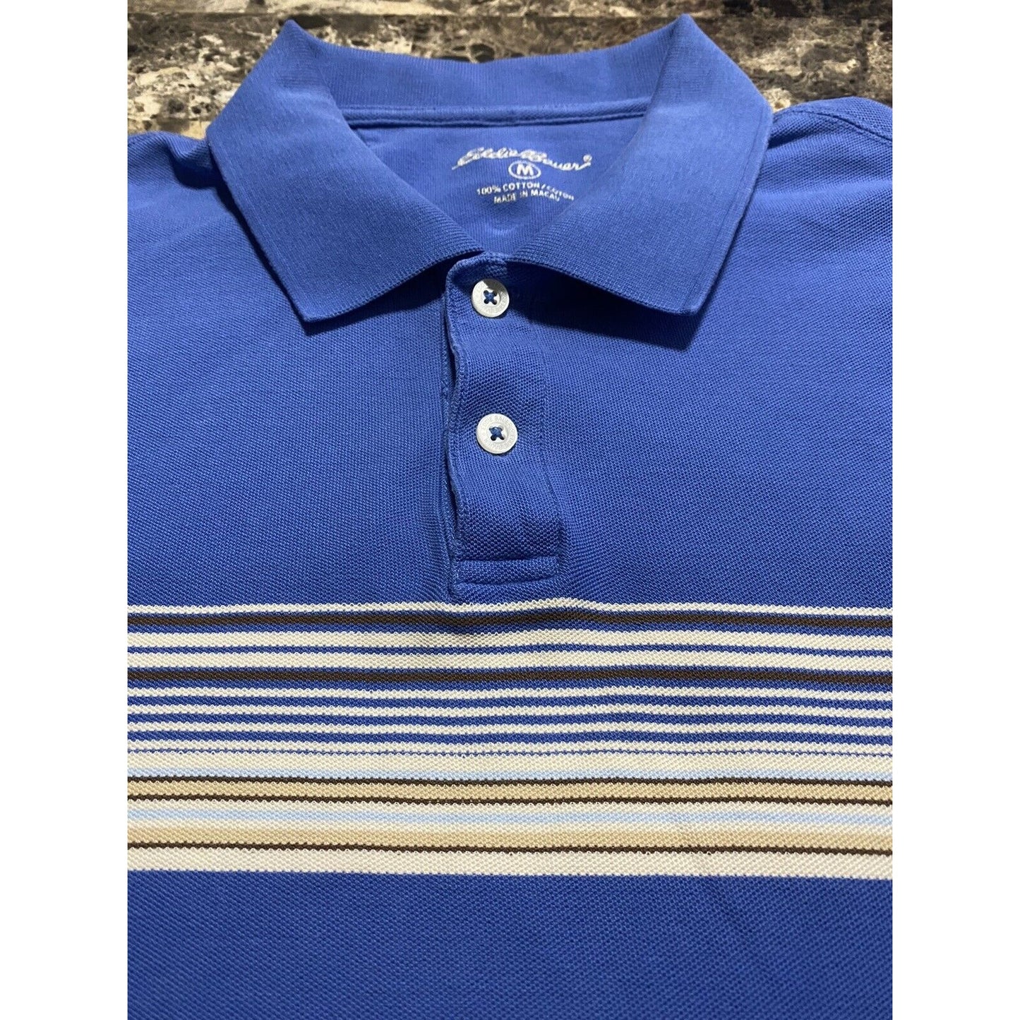 Eddie Bauer Blue with White Stripe Men’s Medium Cotton Polo Shirt